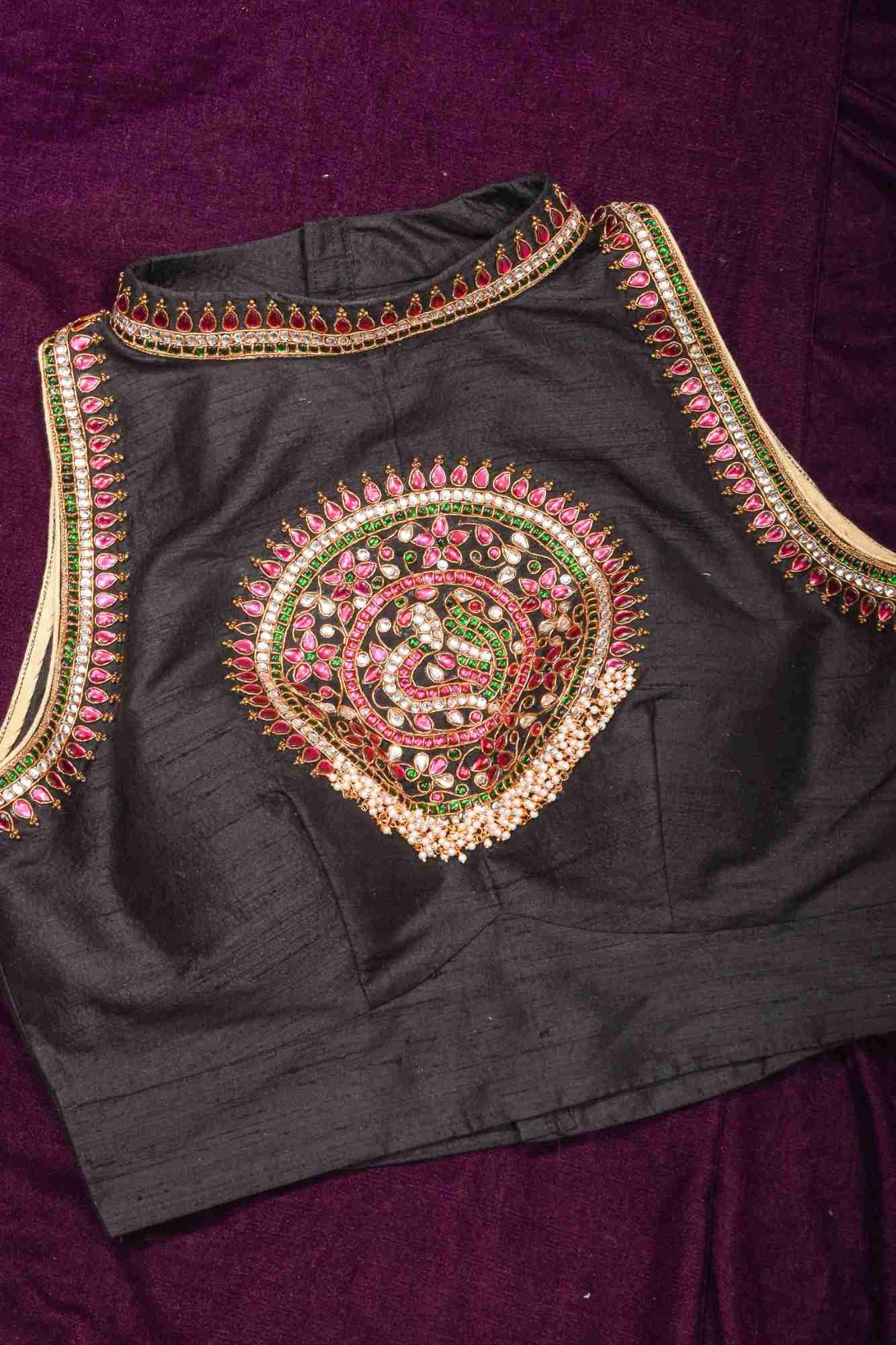 Statement Black Halter Neck Pure Raw Silk Blouse with Kemp Handwork Mandala, Made to Order