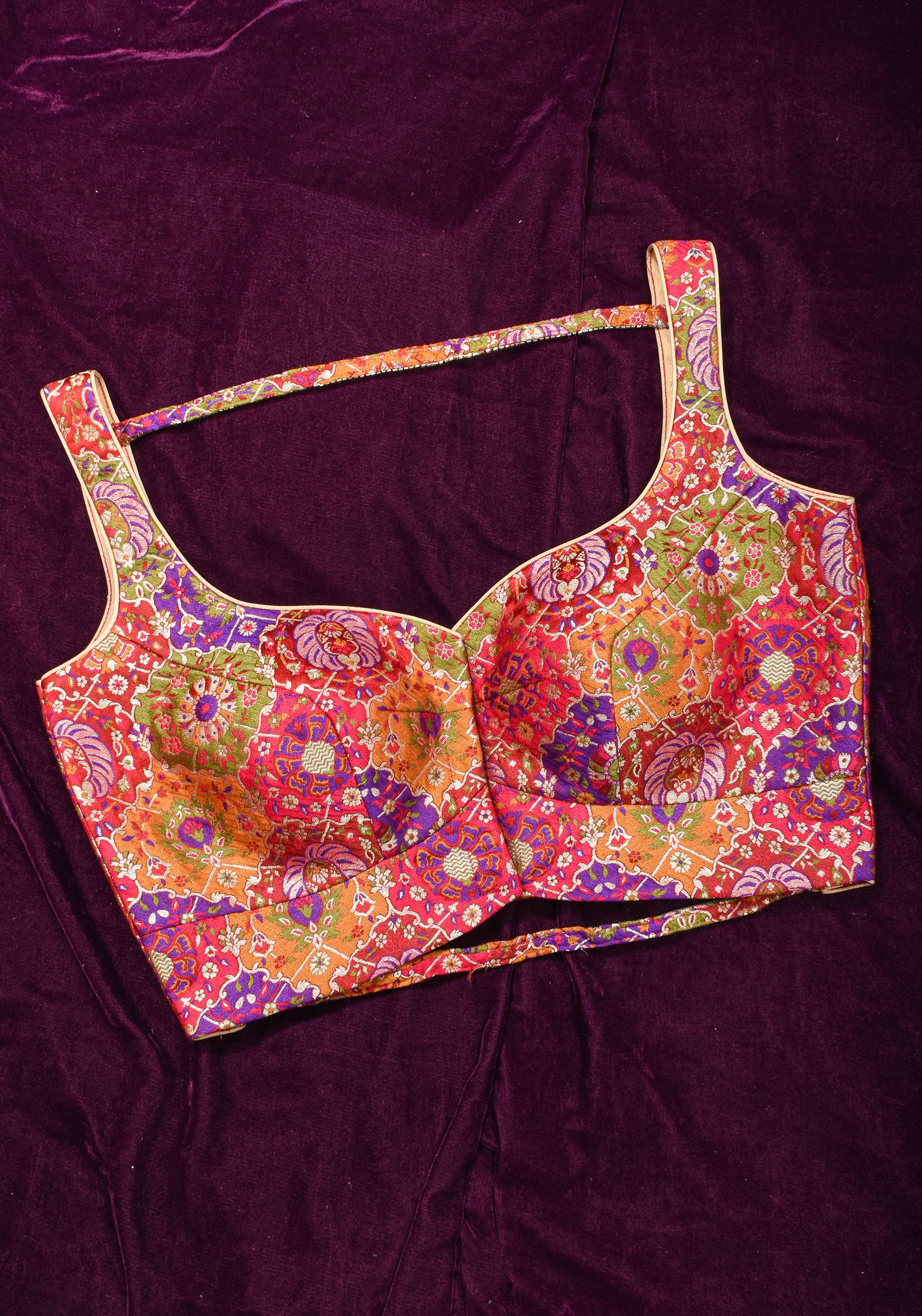 Made To Order: Banarasi Multicolor Brocade blouse with Cutdana Straps | Shobitam