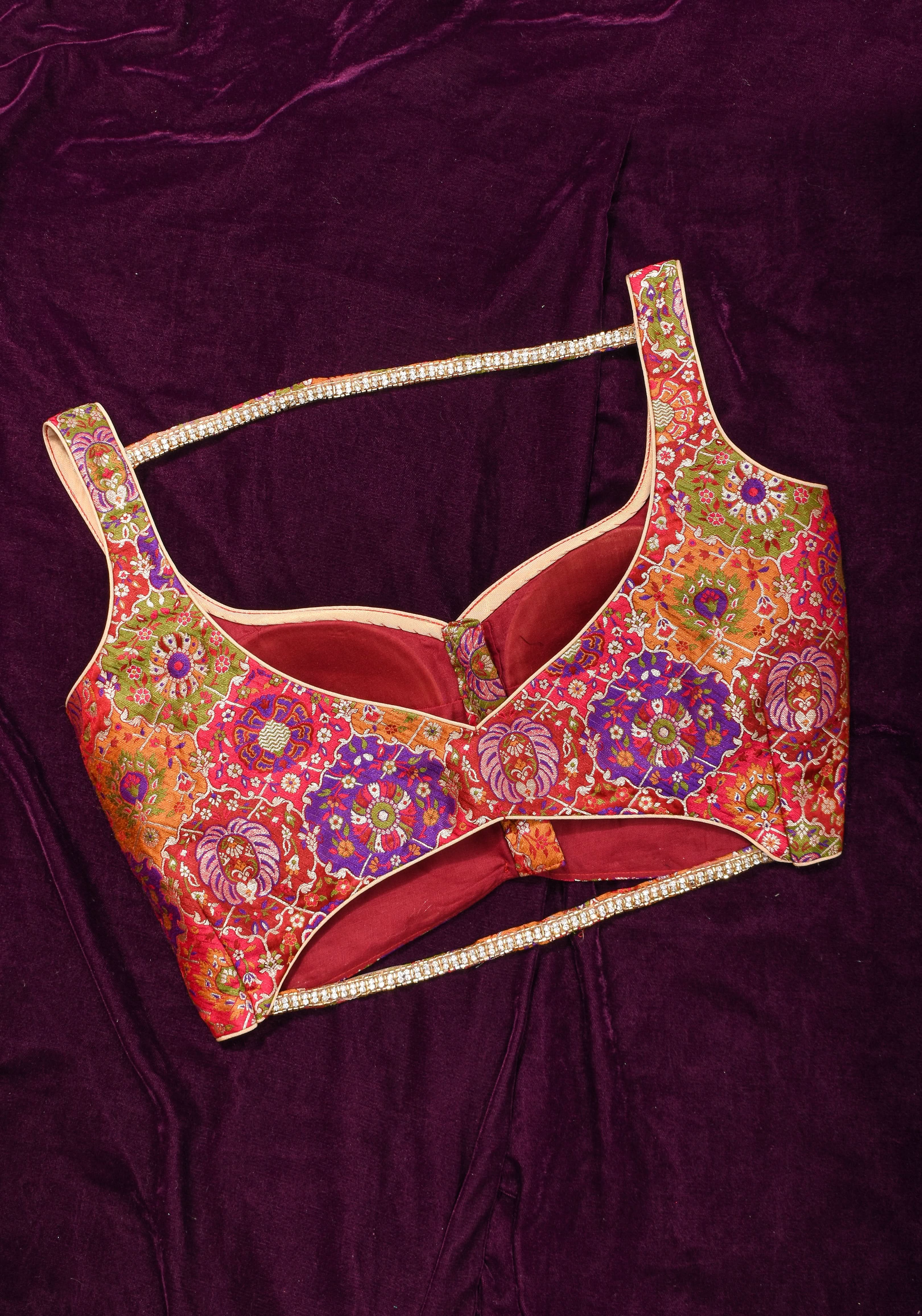 Made To Order: Banarasi Multicolor Brocade blouse with Cutdana Straps | Shobitam
