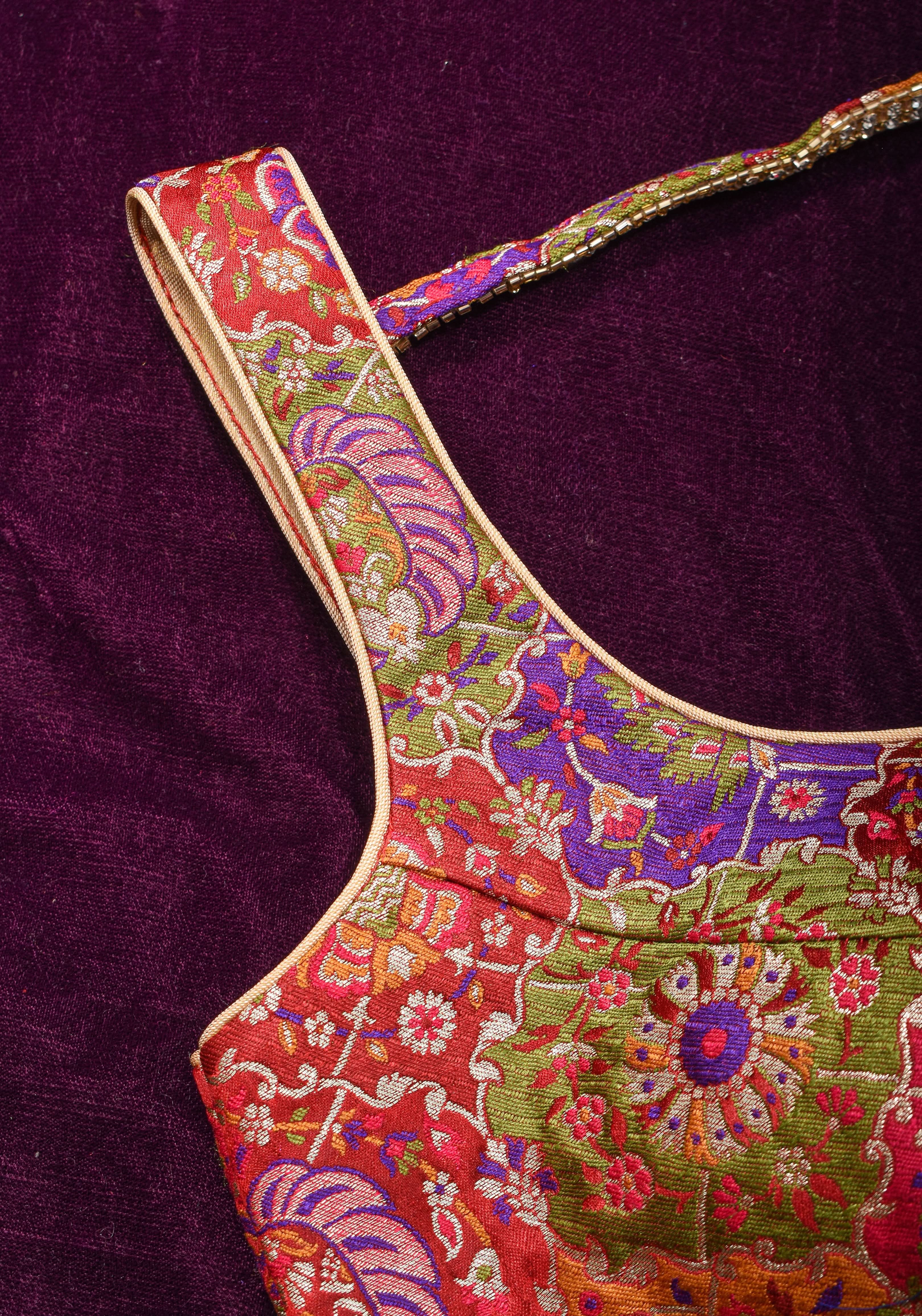 Made To Order: Banarasi Multicolor Brocade blouse with Cutdana Straps | Shobitam