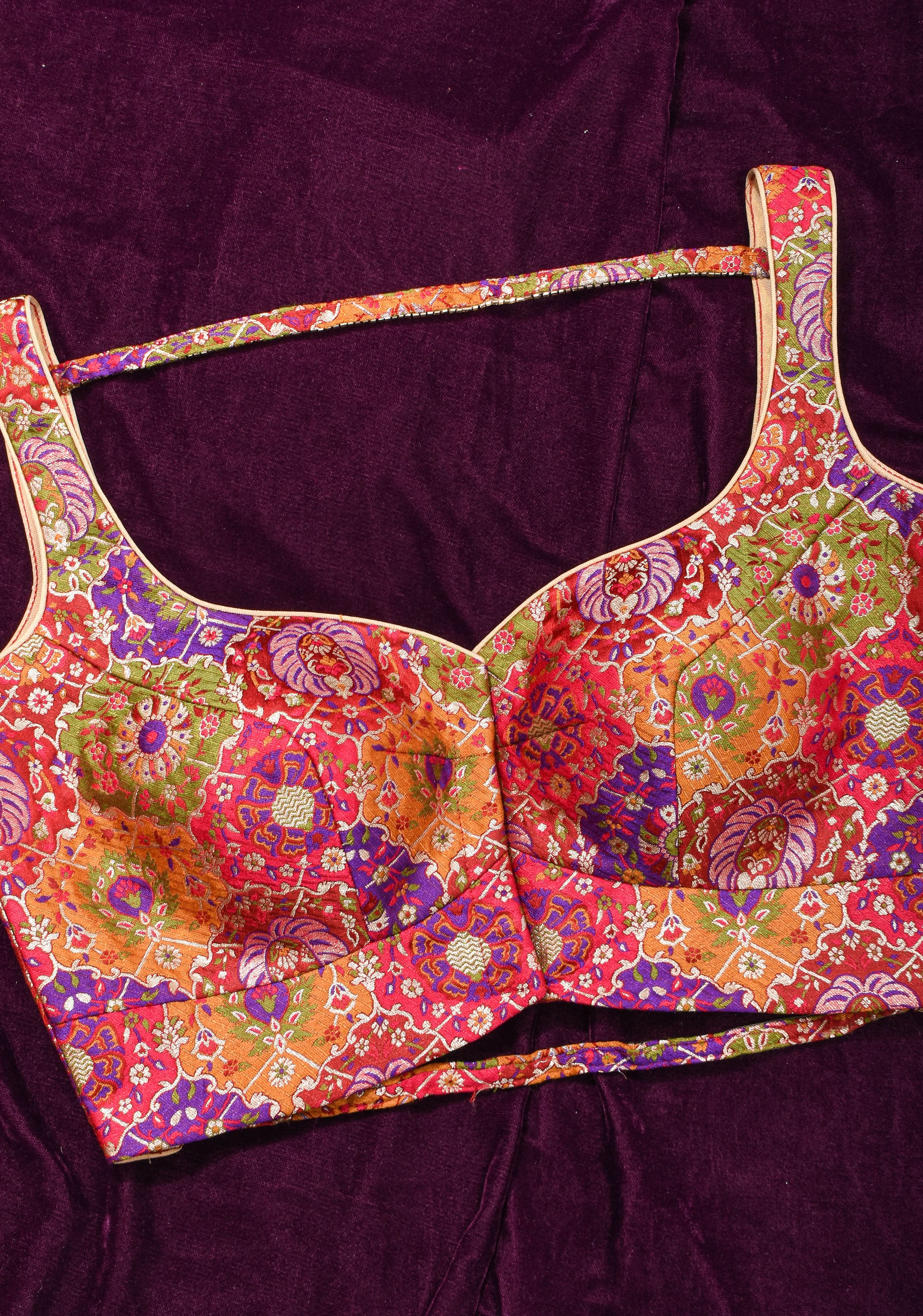 Made To Order: Banarasi Multicolor Brocade blouse with Cutdana Straps | Shobitam