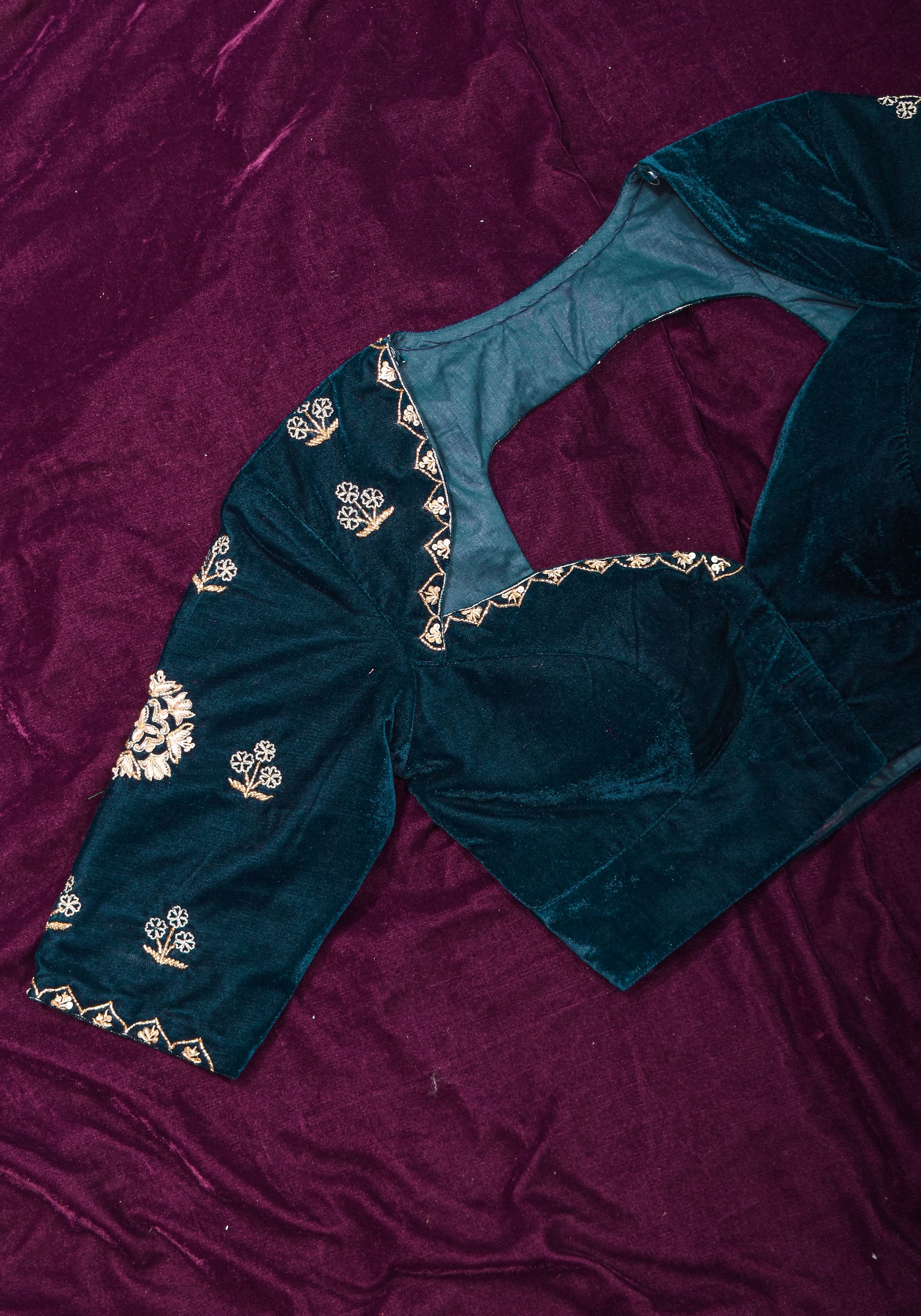 Made to Order: Dark Green Velvet Blouse with Embroidered and Glass Bead detailing | Shobitam