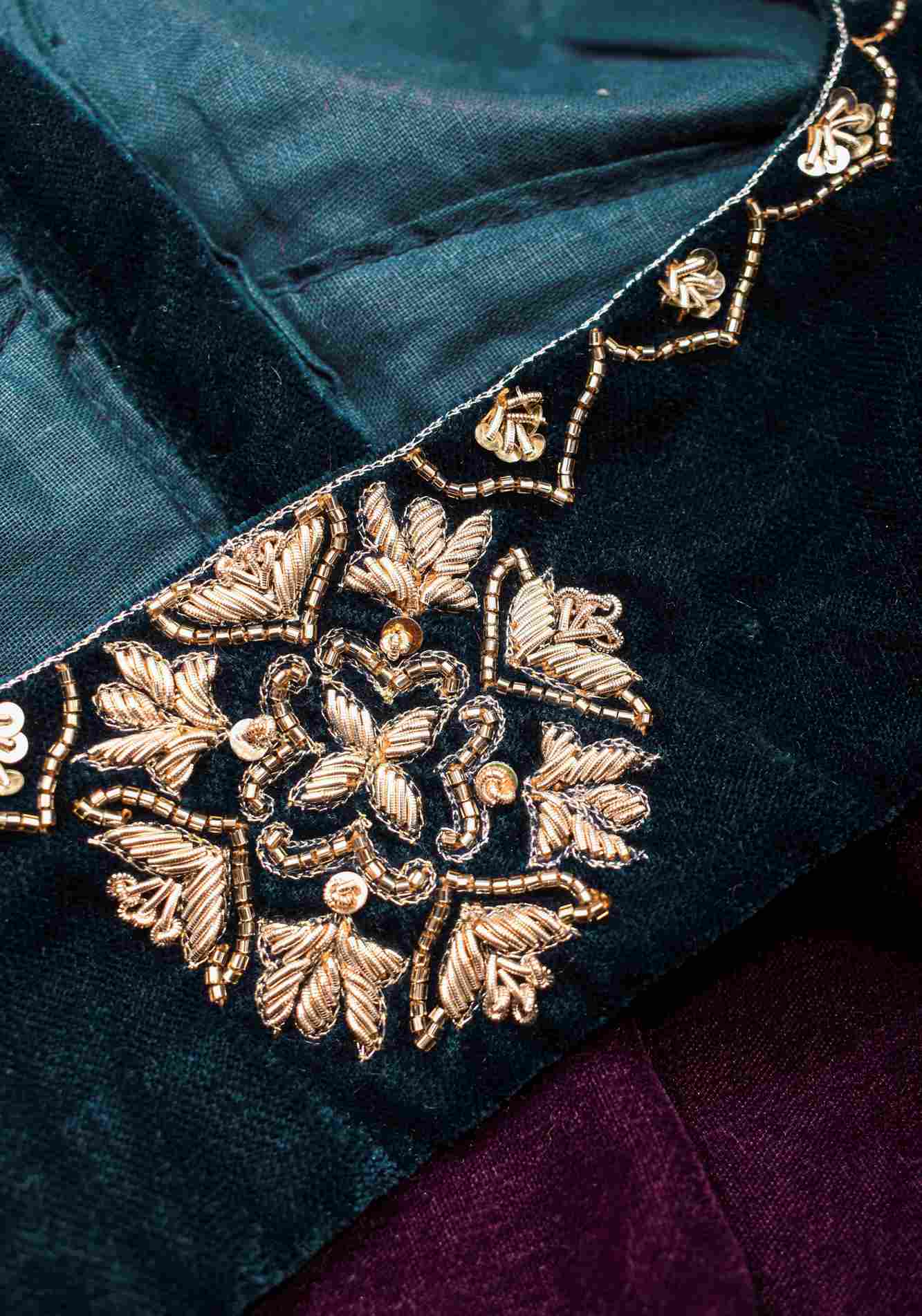 Made to Order: Dark Green Velvet Blouse with Embroidered and Glass Bead detailing