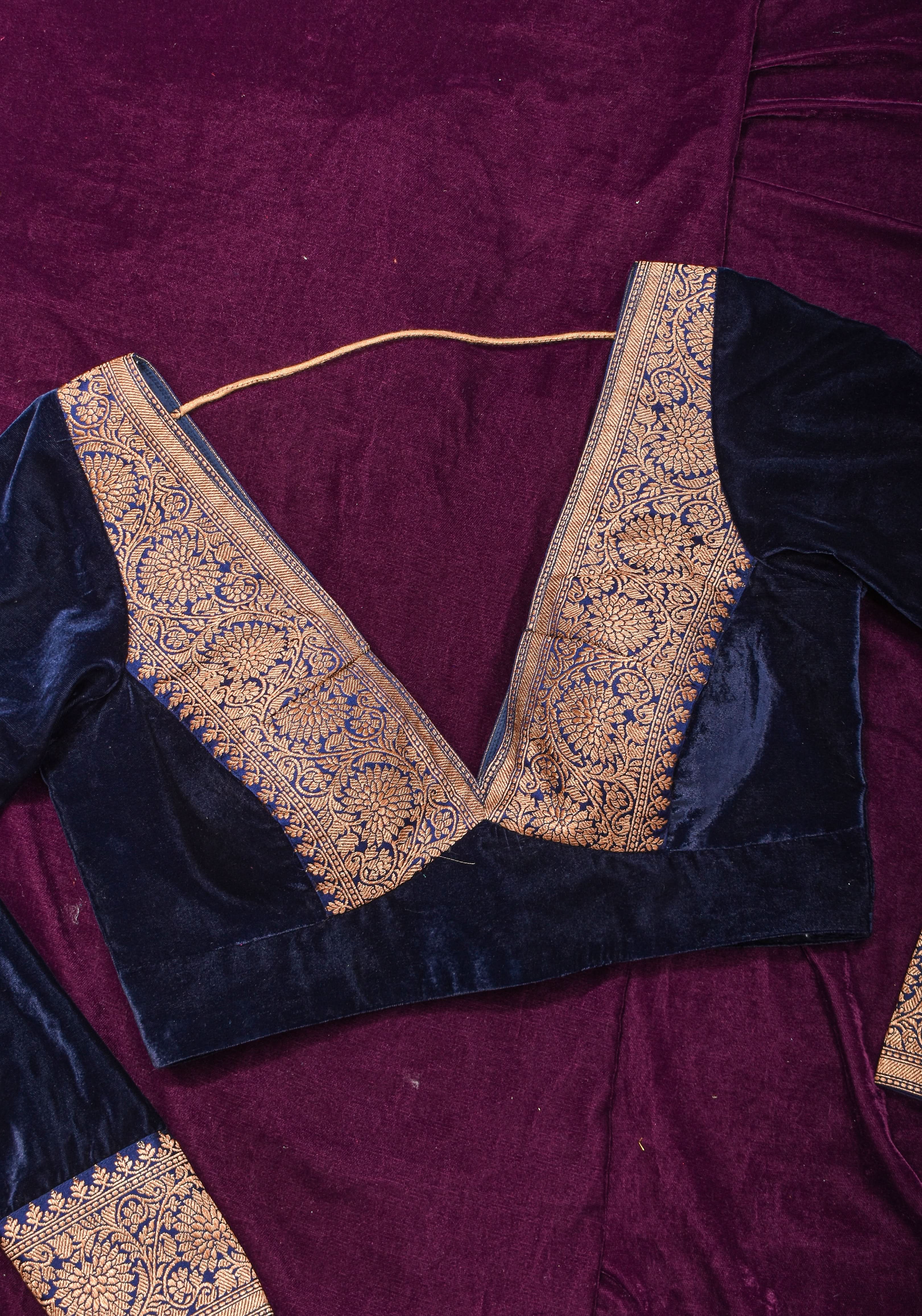 Midnight Blue Velvet Blouse with Antique Zari Plunge Neck Detailing, Made to Order | Shobitam