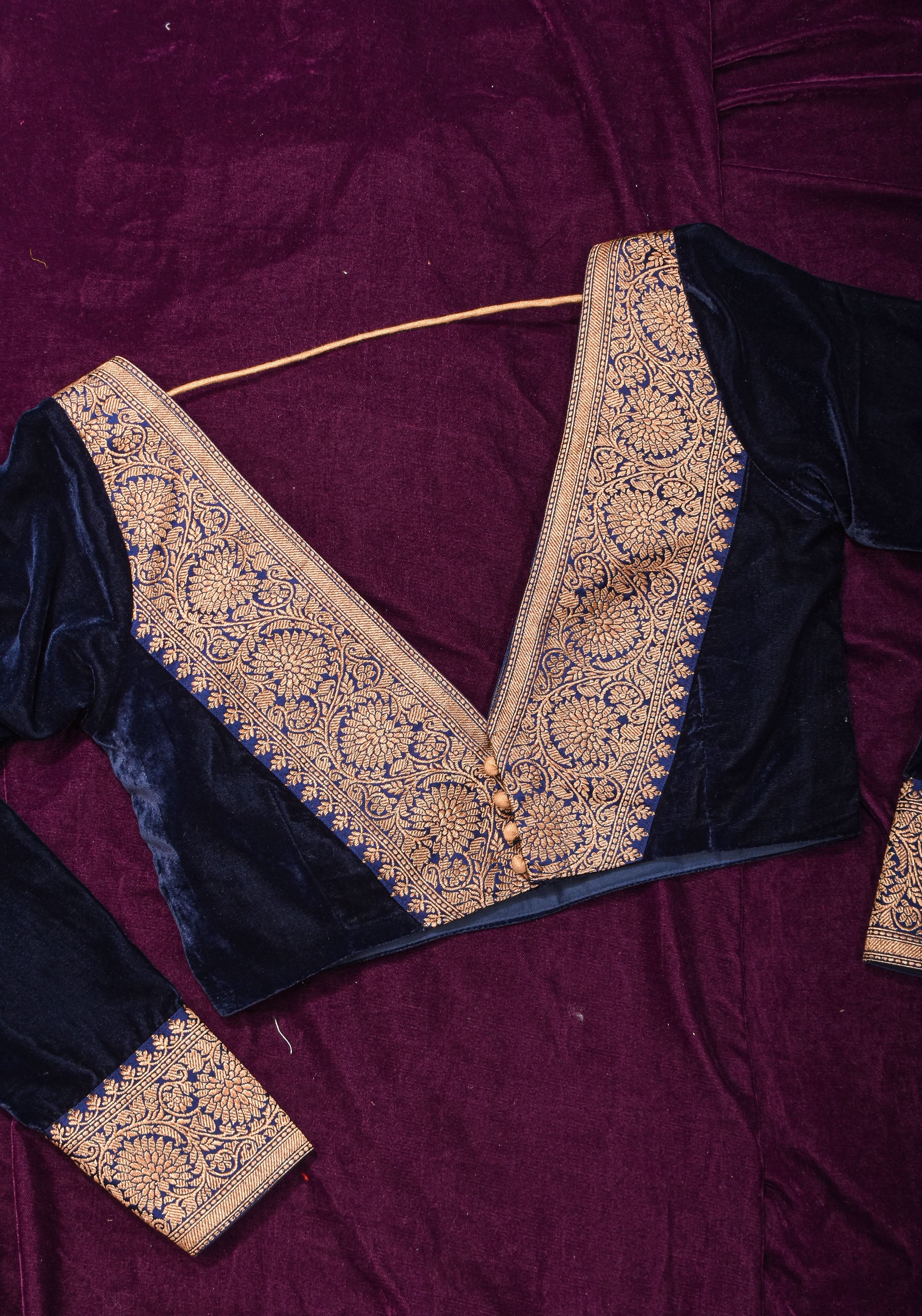 Midnight Blue Velvet Blouse with Antique Zari Plunge Neck Detailing, Made to Order | Shobitam