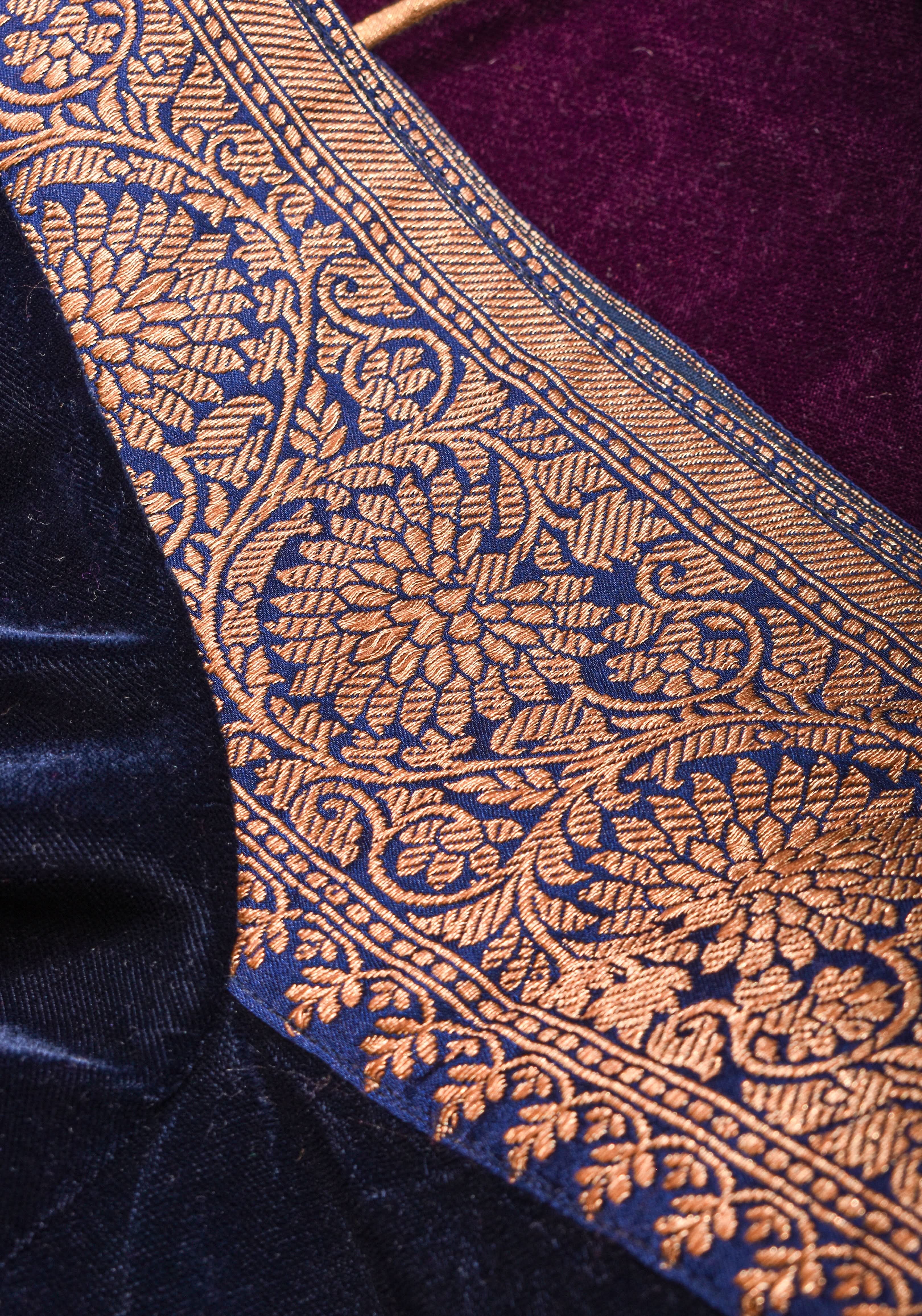 Midnight Blue Velvet Blouse with Antique Zari Plunge Neck Detailing, Made to Order | Shobitam