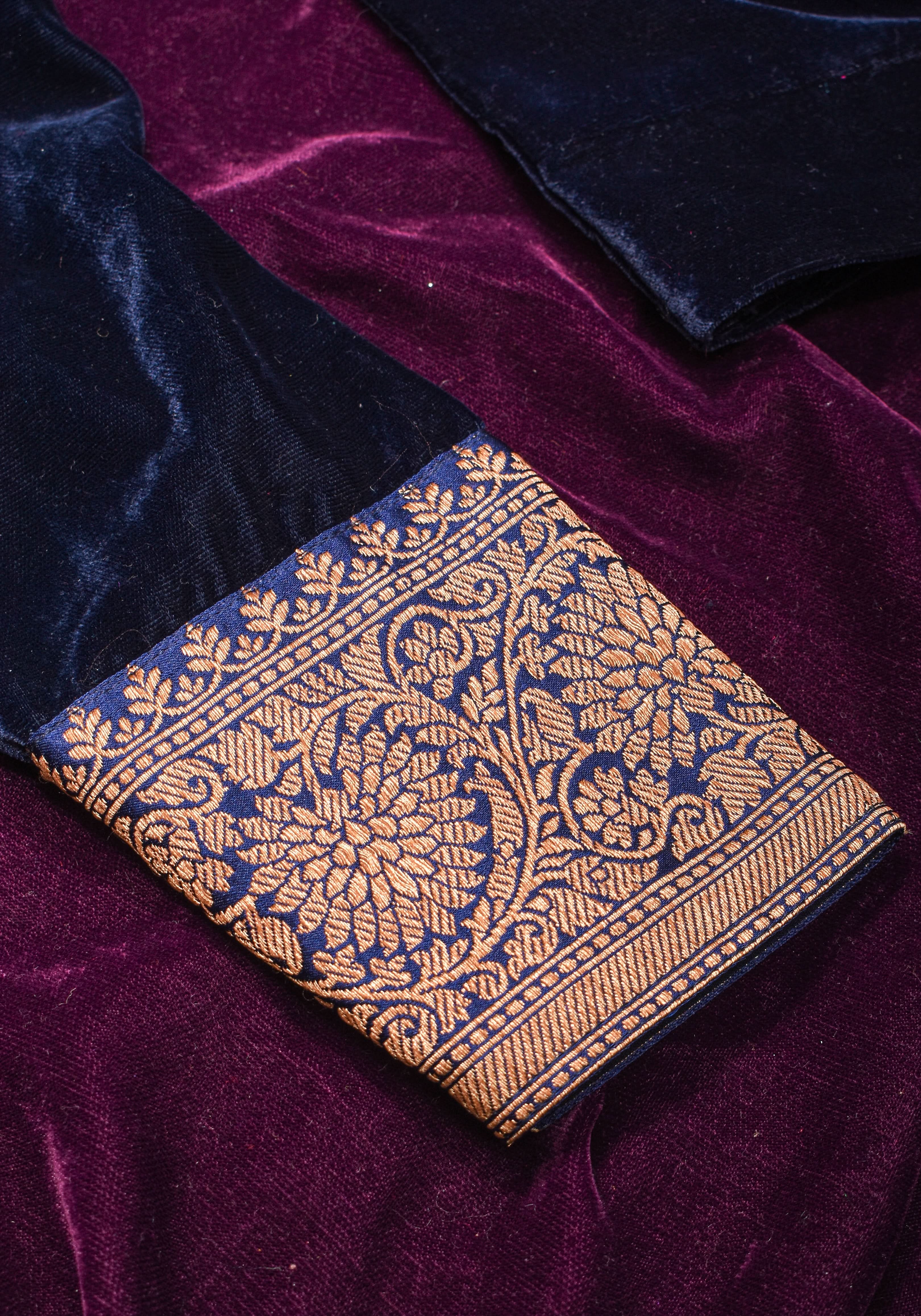 Midnight Blue Velvet Blouse with Antique Zari Plunge Neck Detailing, Made to Order | Shobitam