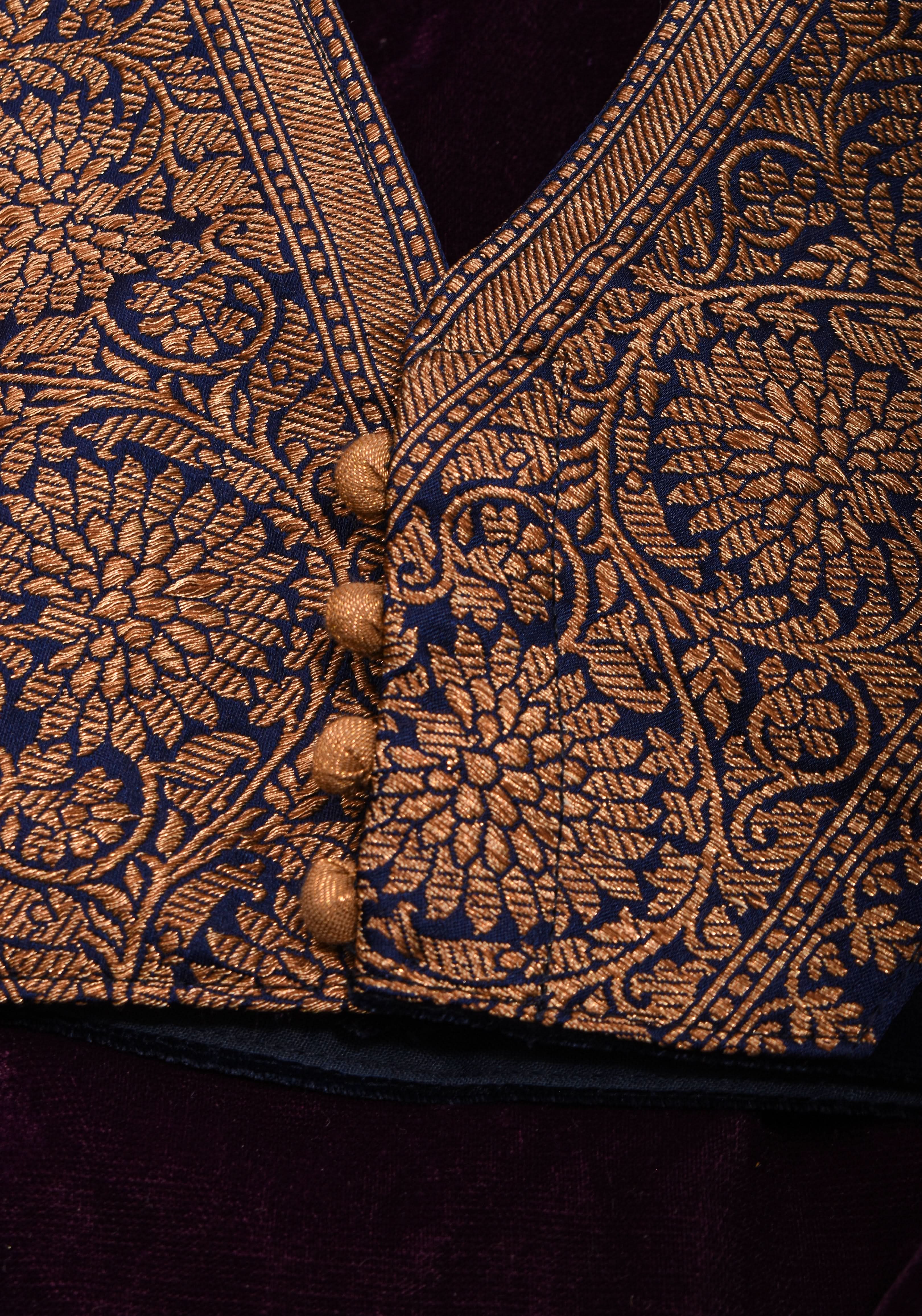 Midnight Blue Velvet Blouse with Antique Zari Plunge Neck Detailing, Made to Order | Shobitam