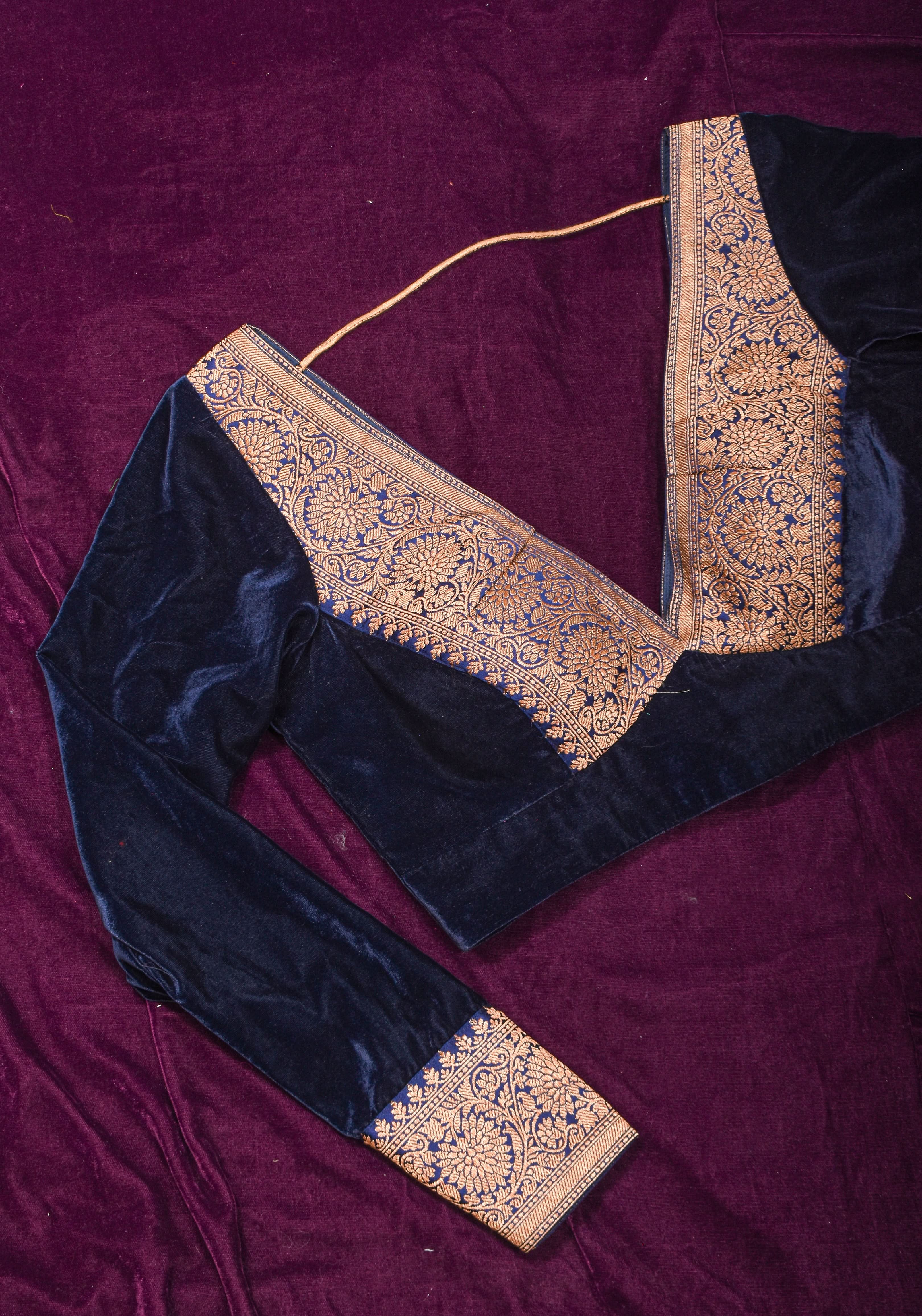 Midnight Blue Velvet Blouse with Antique Zari Plunge Neck Detailing, Made to Order | Shobitam