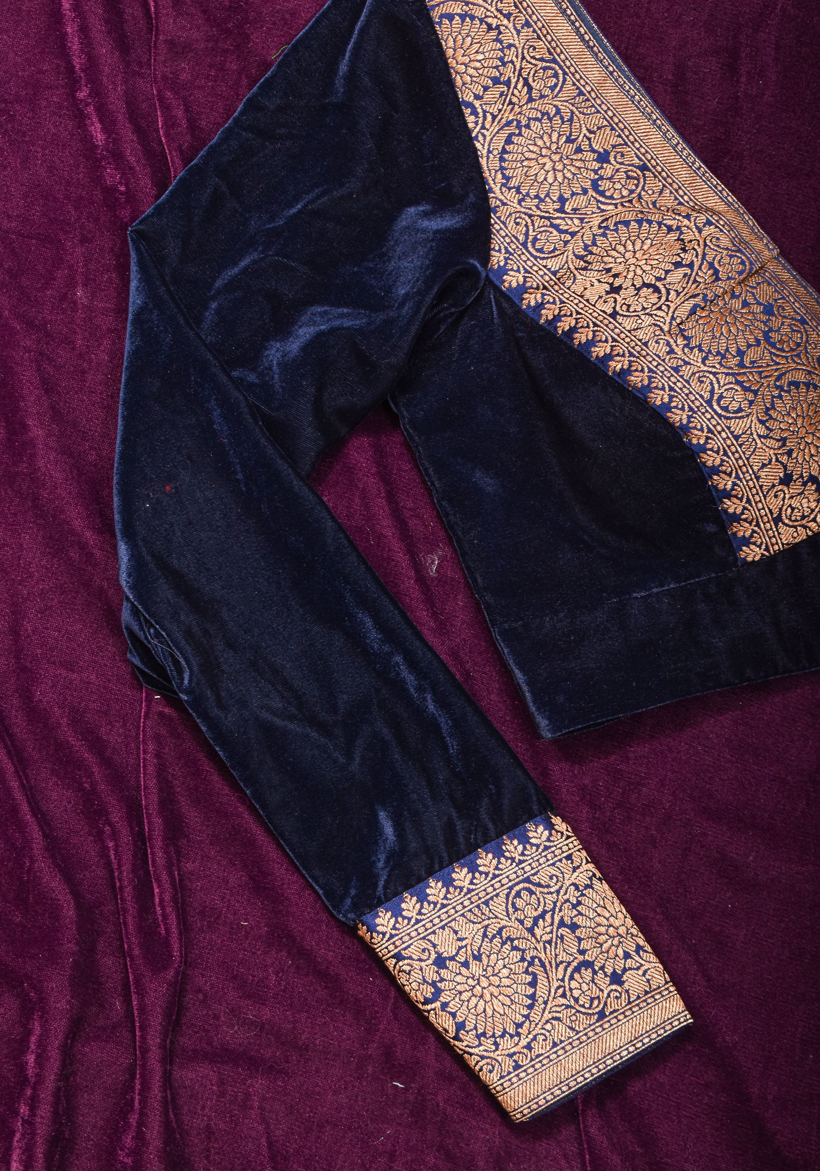 Midnight Blue Velvet Blouse with Antique Zari Plunge Neck Detailing, Made to Order | Shobitam