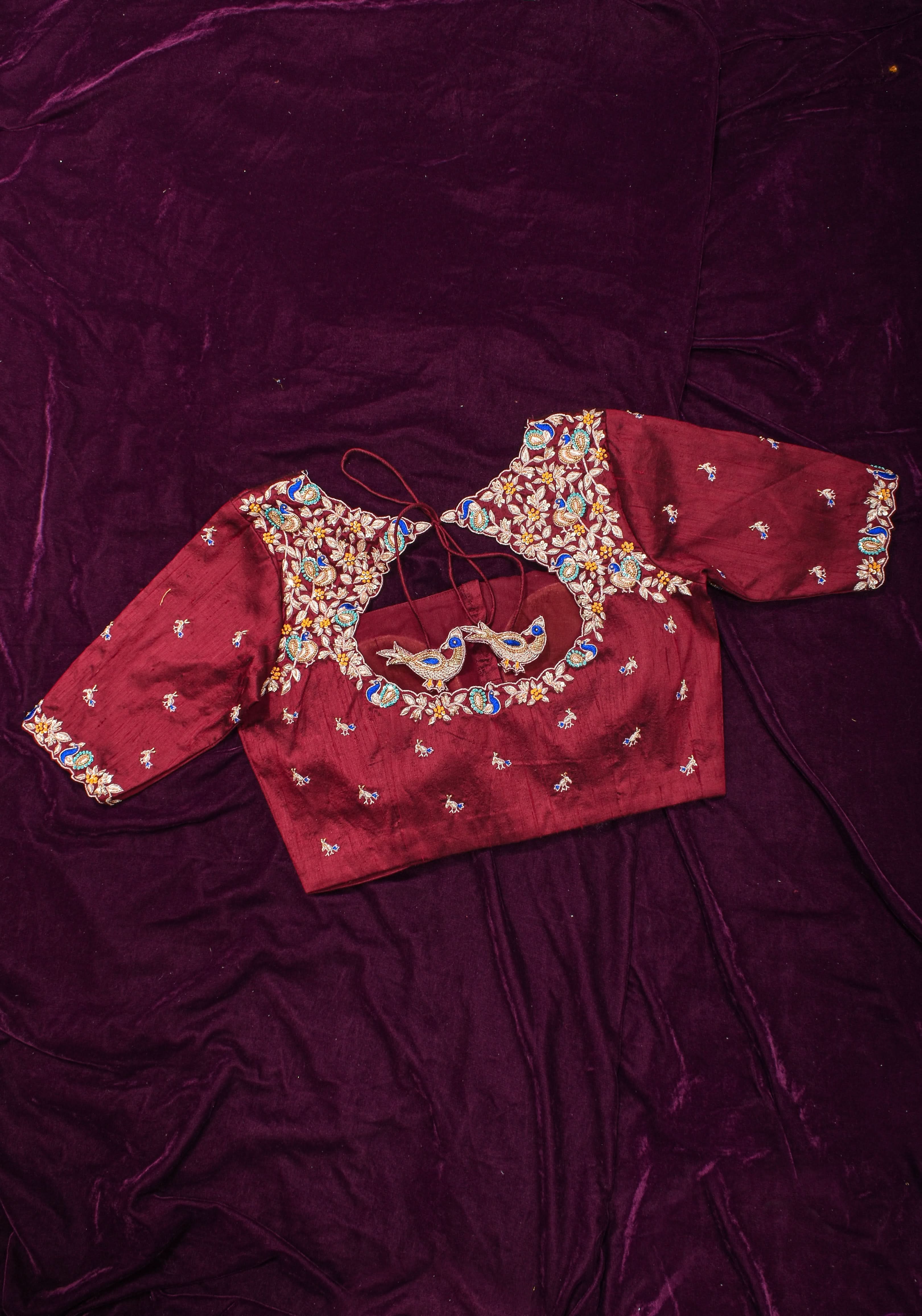 Made To Order: Maroon Pure Raw Silk Heavy Hand work Meenakari and Zardosi Peacock Design Blouse | Shobitam