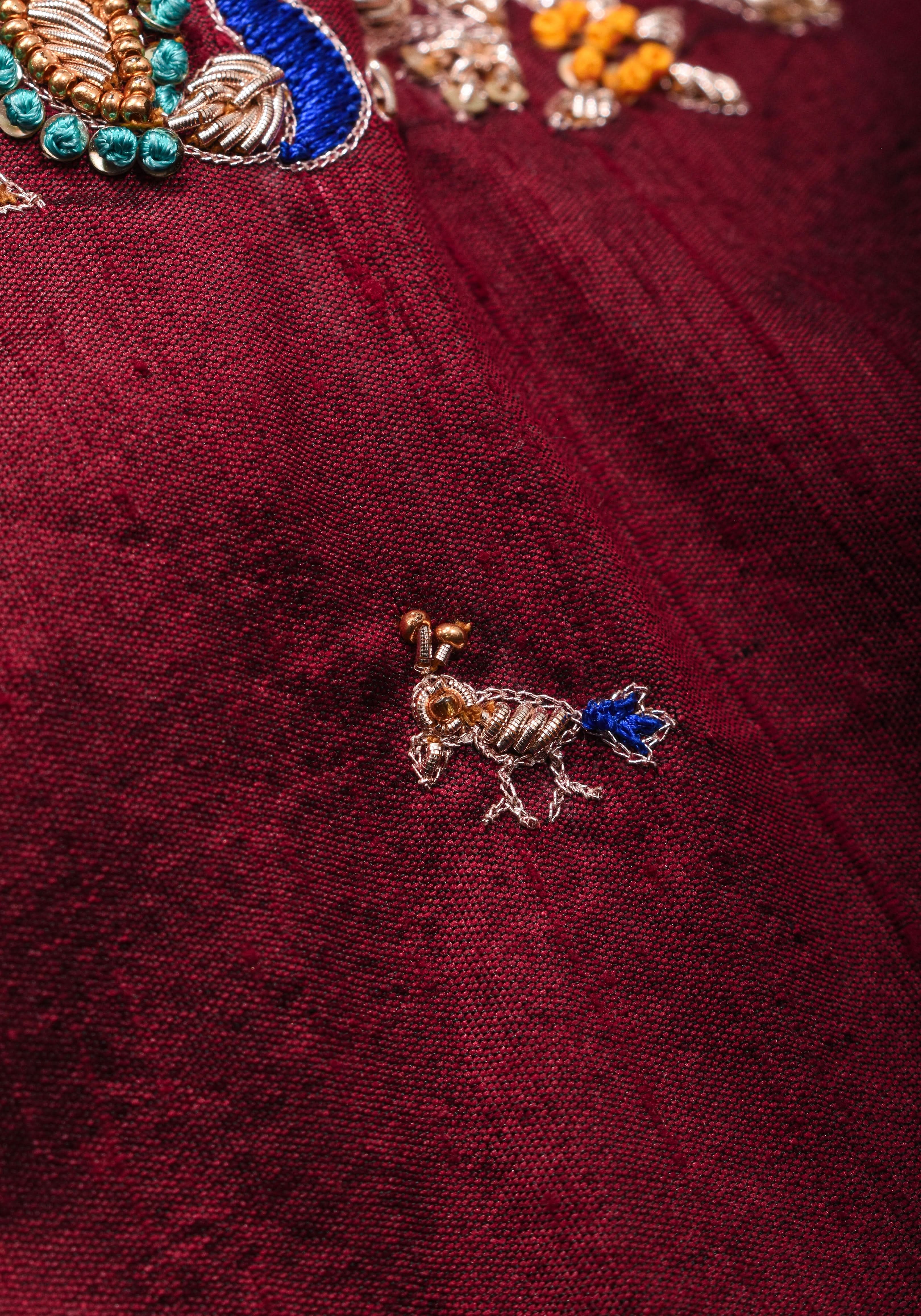 Made To Order: Maroon Pure Raw Silk Heavy Hand work Meenakari and Zardosi Peacock Design Blouse | Shobitam
