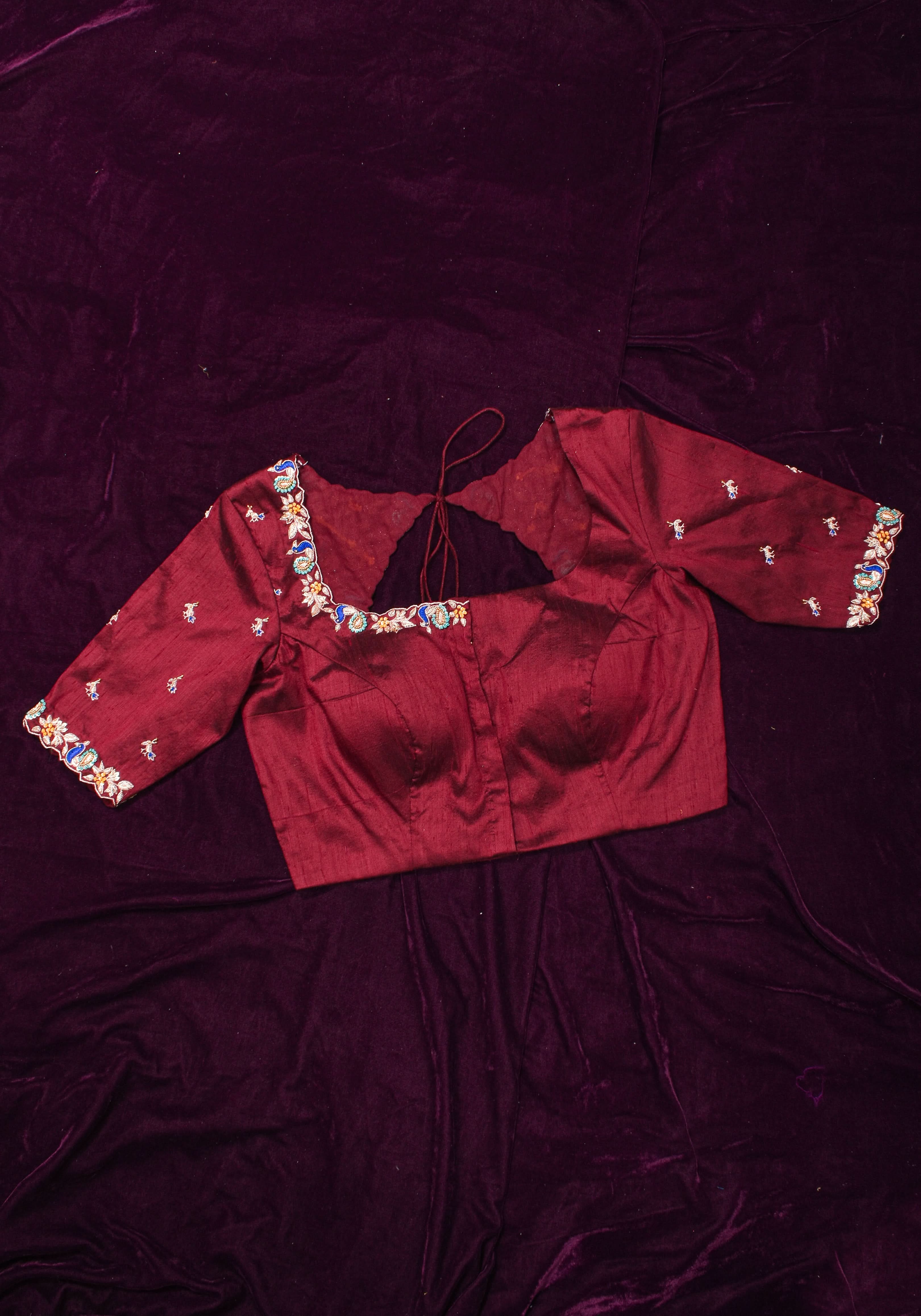 Made To Order: Maroon Pure Raw Silk Heavy Hand work Meenakari and Zardosi Peacock Design Blouse | Shobitam