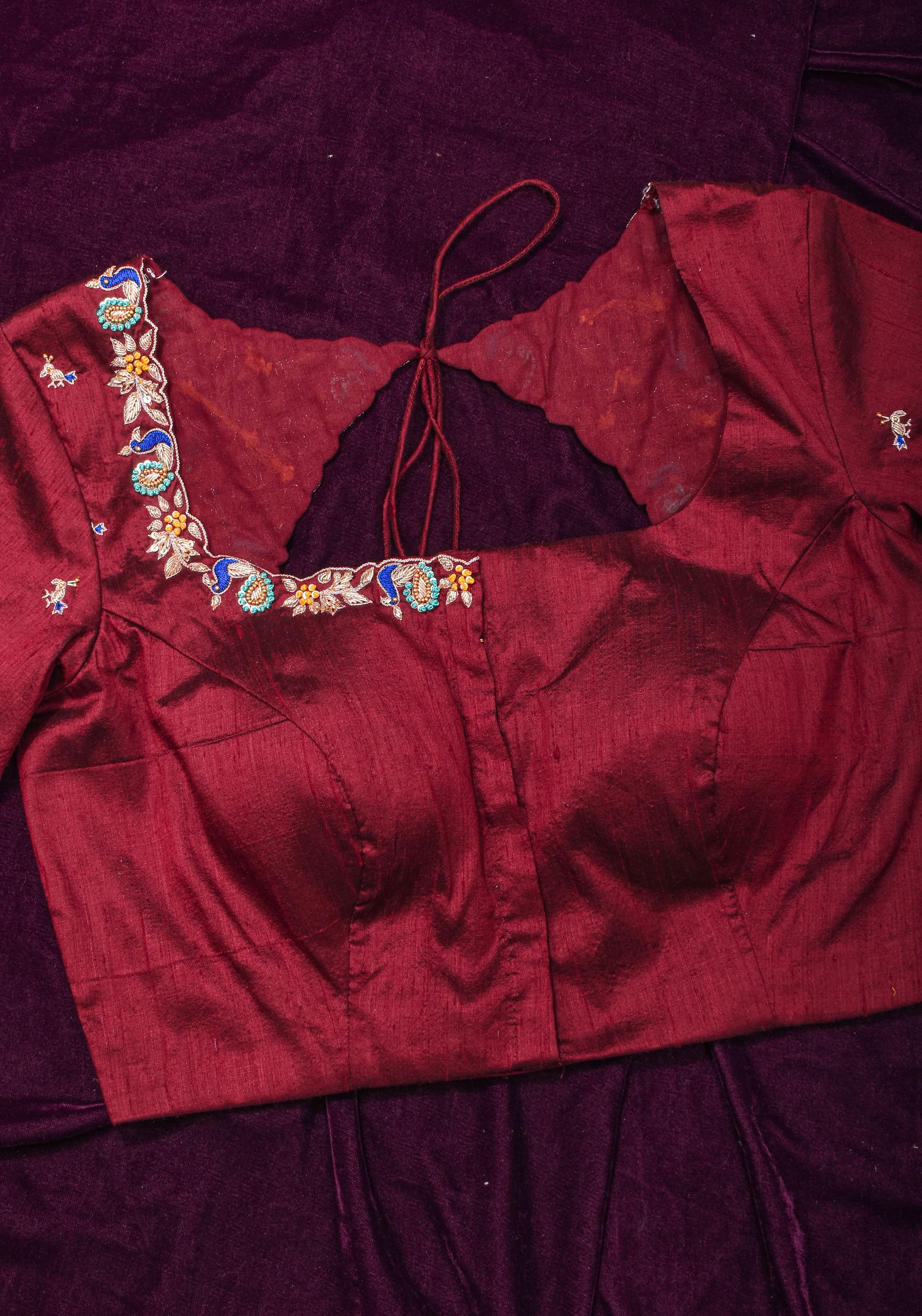Made To Order: Maroon Pure Raw Silk Heavy Hand work Meenakari and Zardosi Peacock Design Blouse | Shobitam