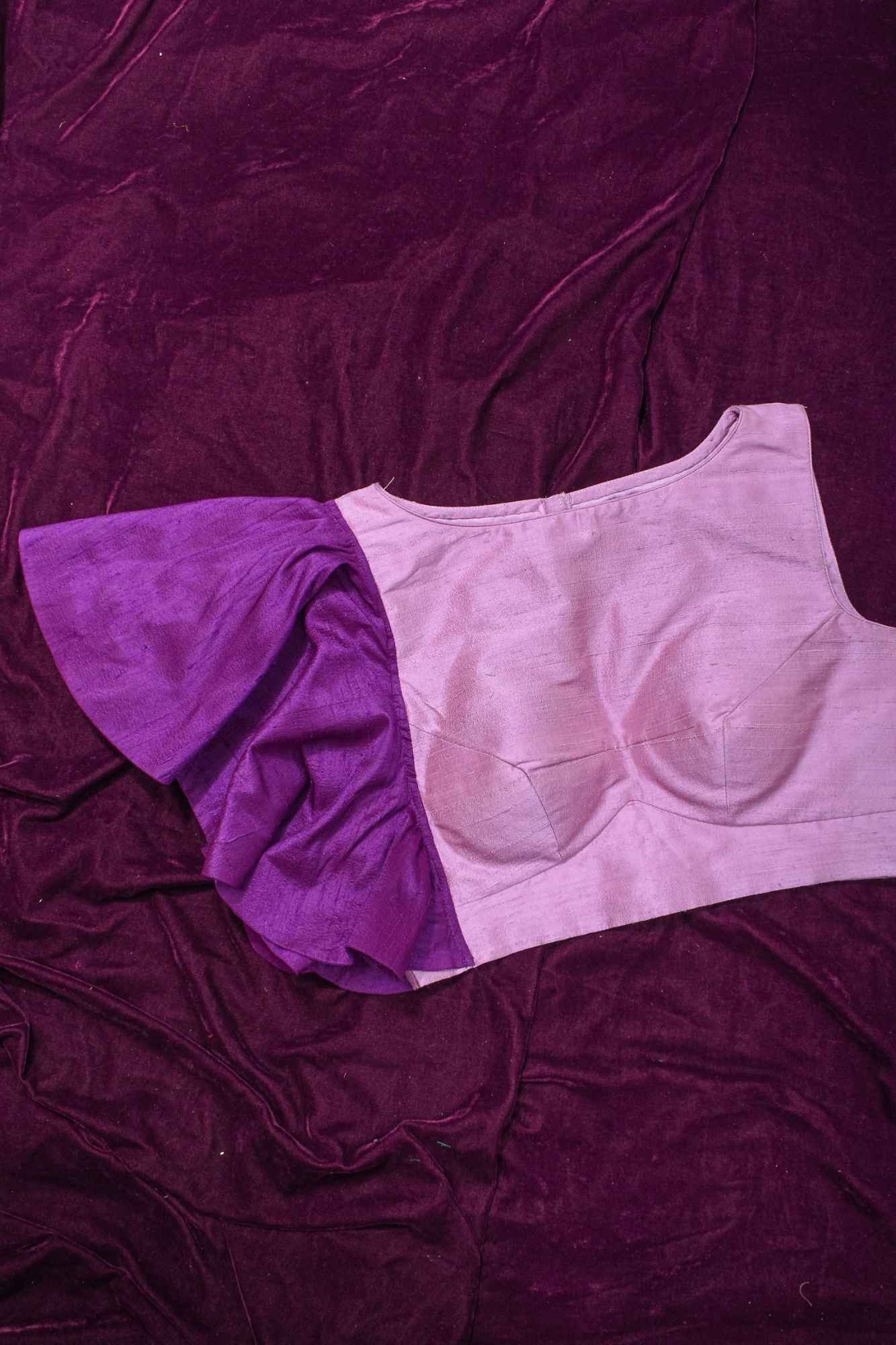 Two Color Pure Raw Sik One Side Ruffle Sleeve Blouse, Made to Order