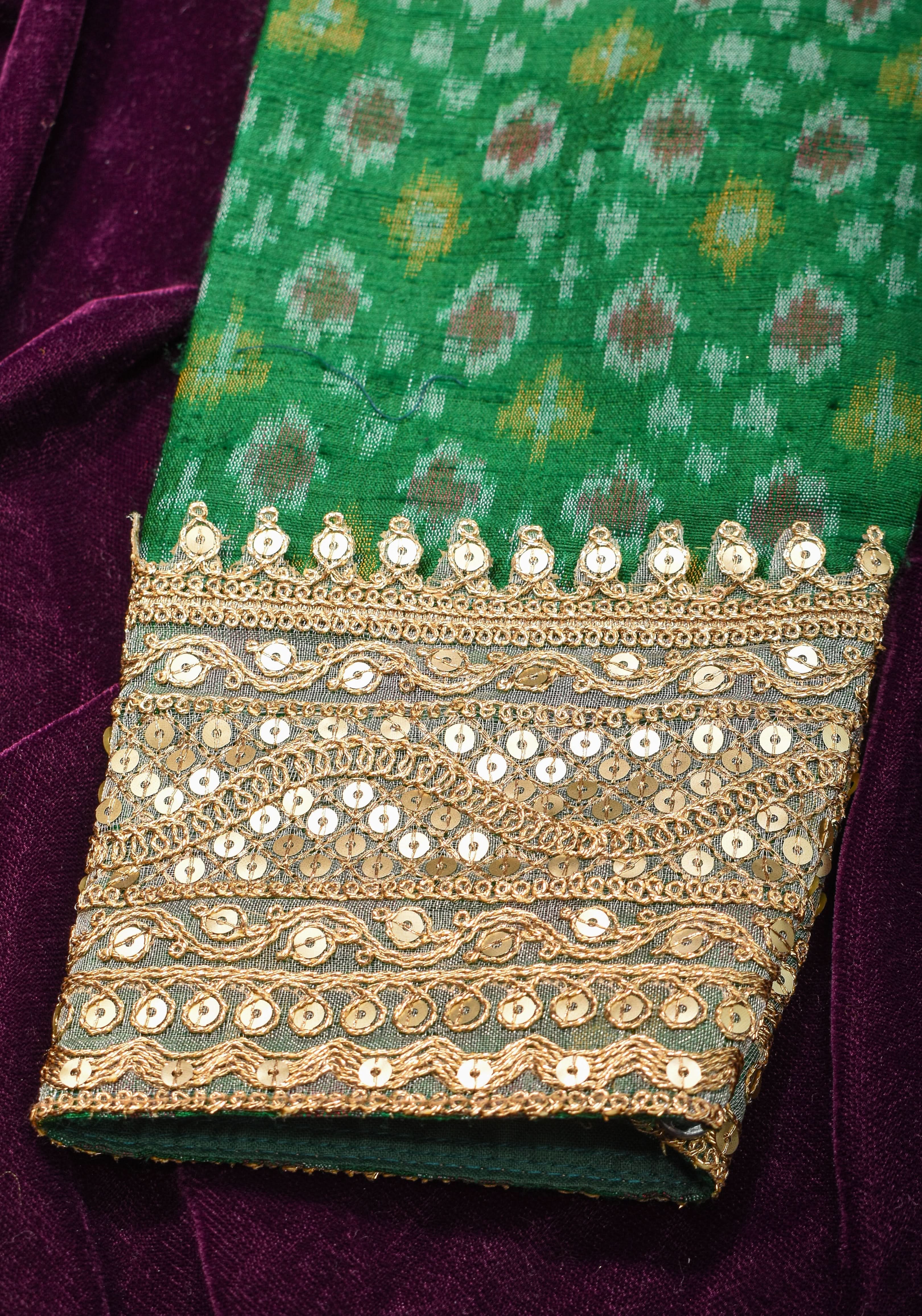 Made To Order: Emerald Green Pure Raw Silk Ikkat Weave Blouse with Scallop neck and long sleeve with gotta patti detailing | Shobitam