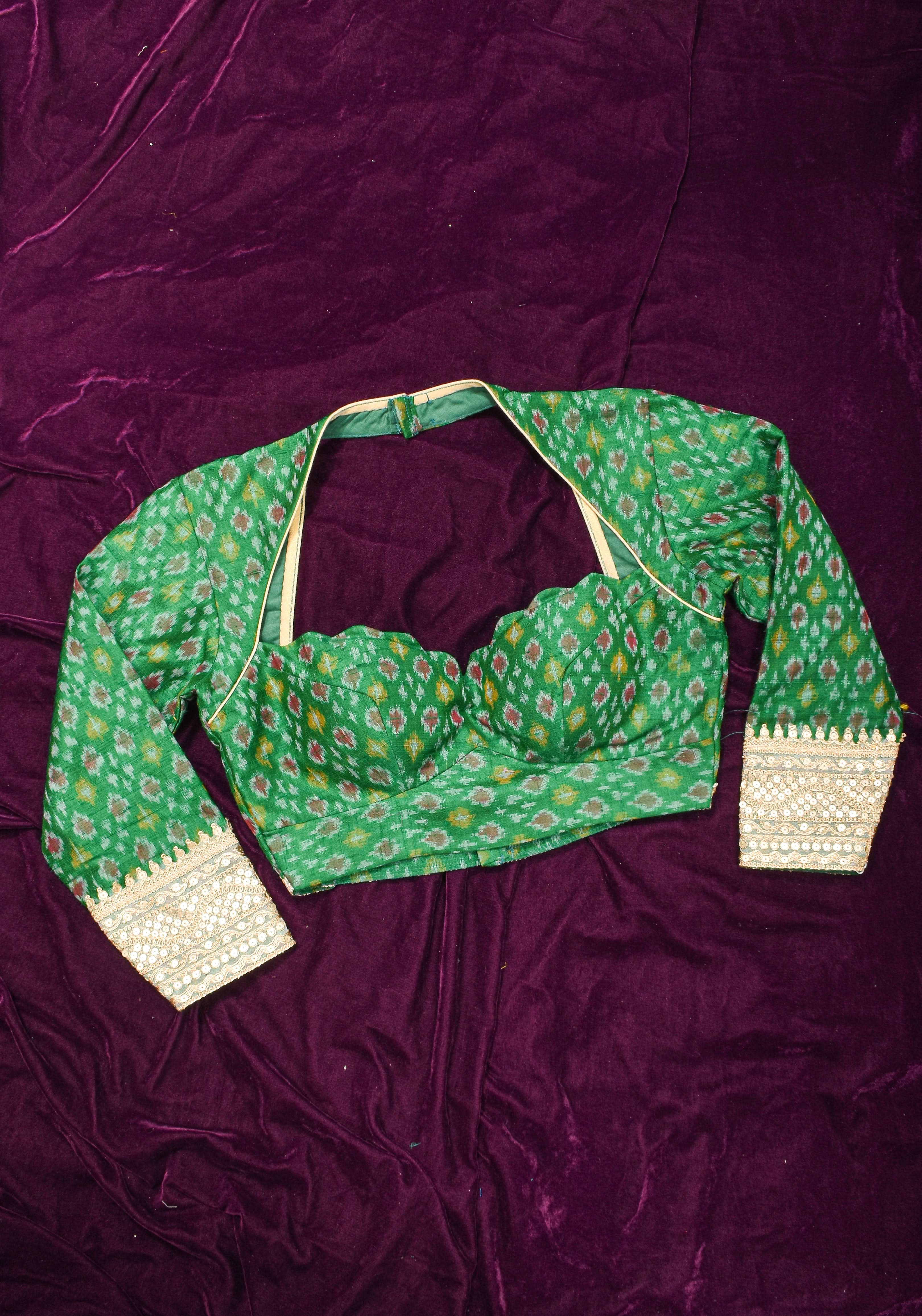 Made To Order: Emerald Green Pure Raw Silk Ikkat Weave Blouse with Scallop neck and long sleeve with gotta patti detailing | Shobitam
