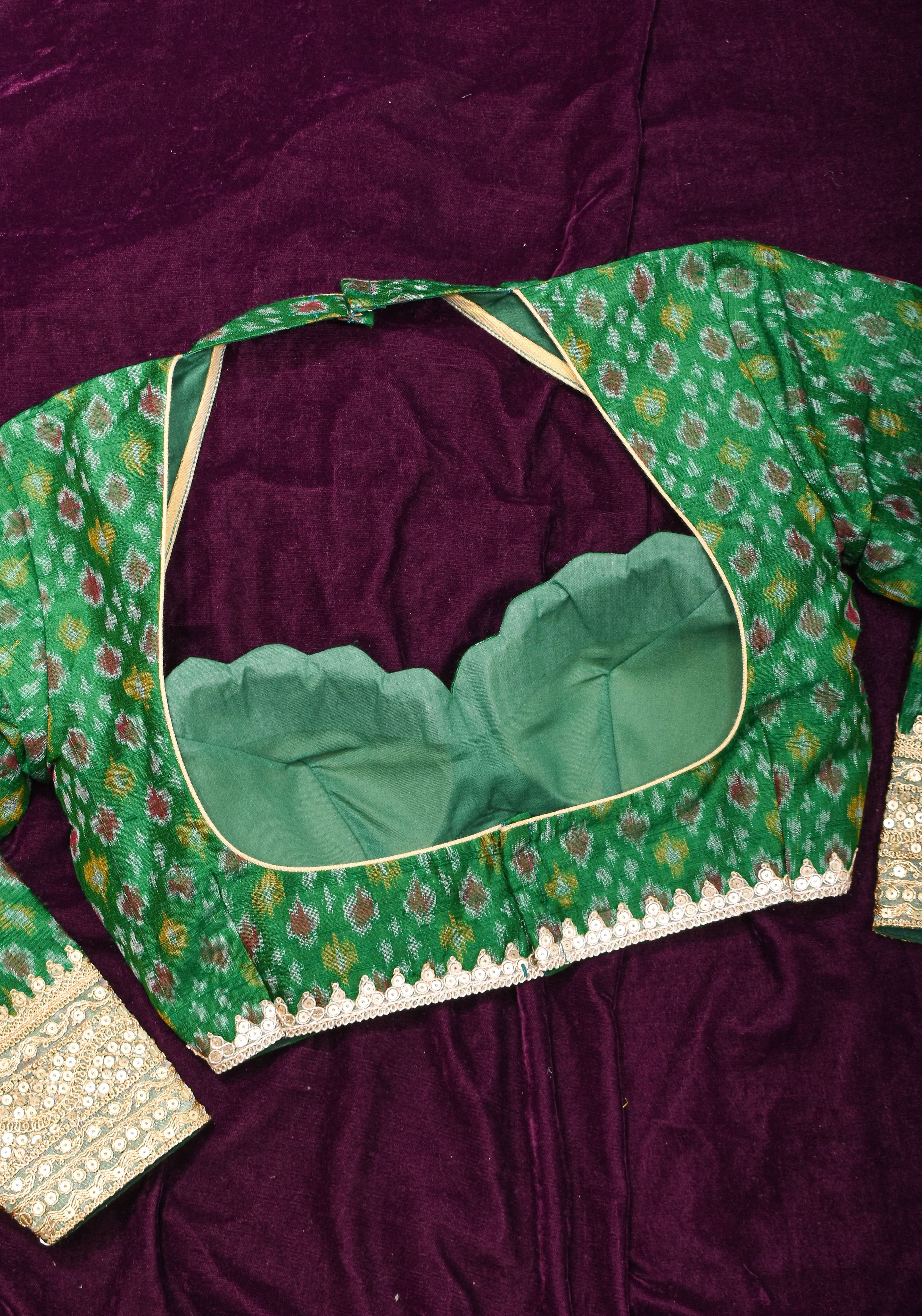 Made To Order: Emerald Green Pure Raw Silk Ikkat Weave Blouse with Scallop neck and long sleeve with gotta patti detailing | Shobitam