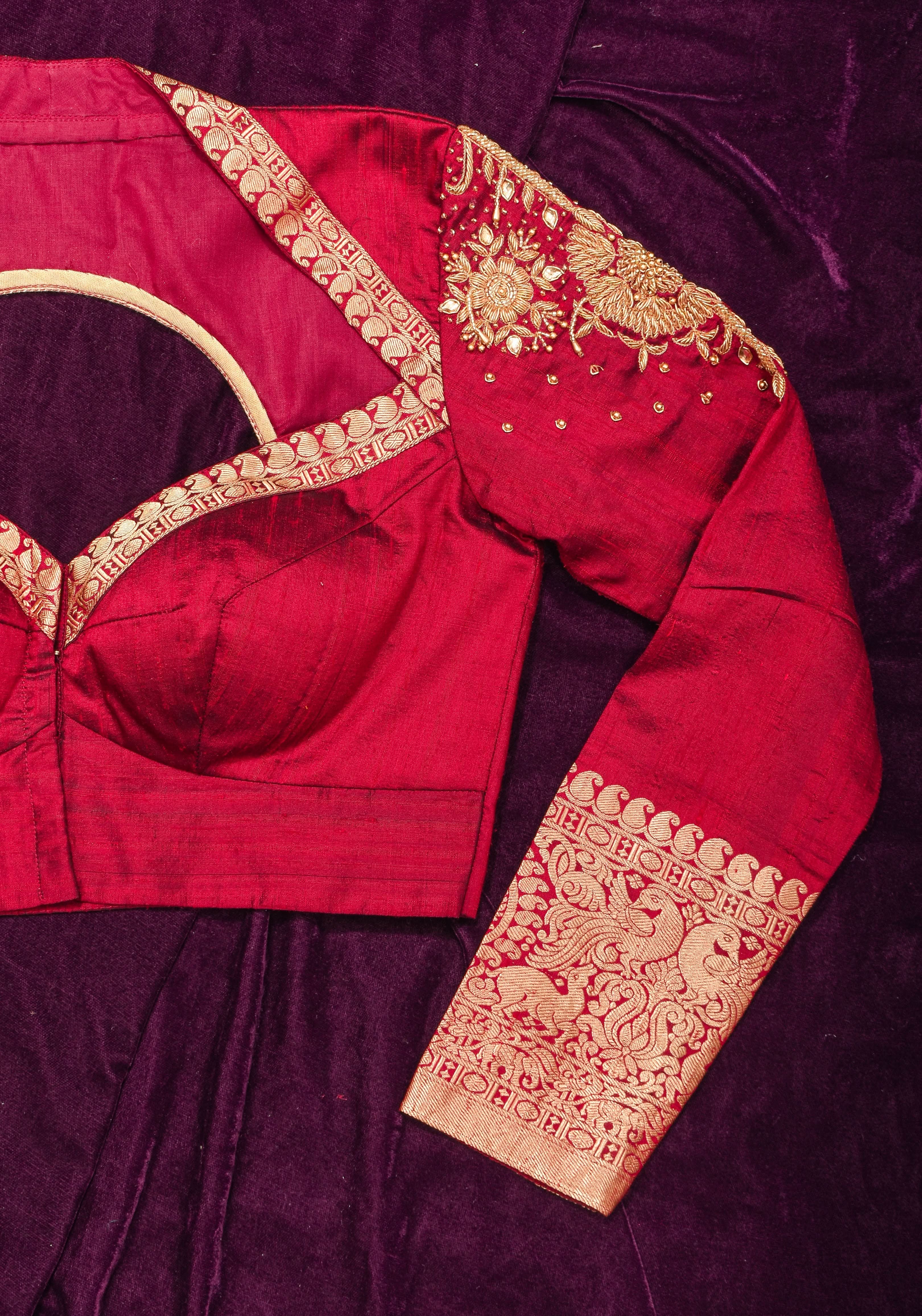 Maroon Pure raw silk blouse with full sleeves and Heavy Zardozi work on upper sleeve and back, Made to Order | Shobitam