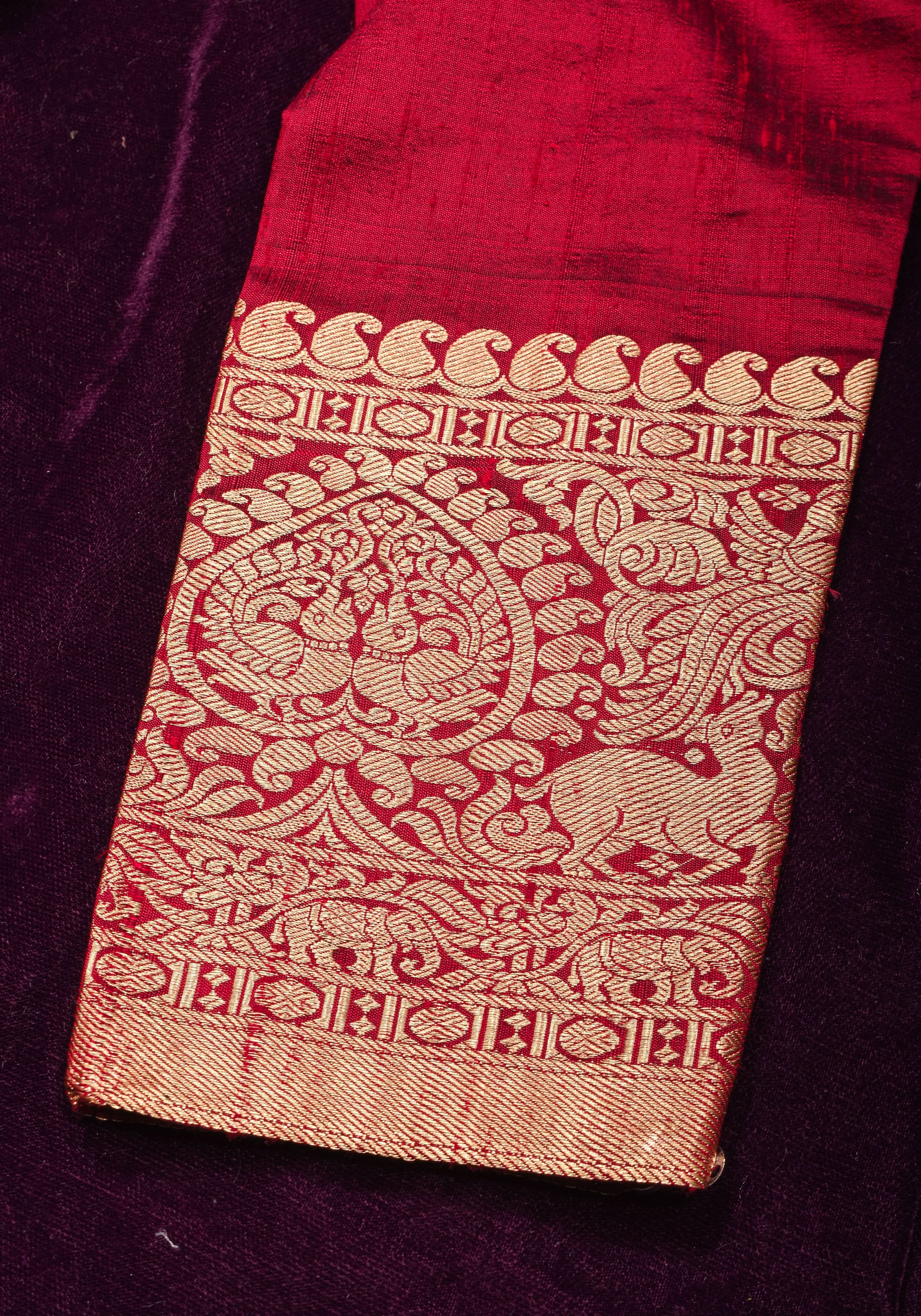 Maroon Pure raw silk blouse with full sleeves and Heavy Zardozi work on upper sleeve and back, Made to Order | Shobitam