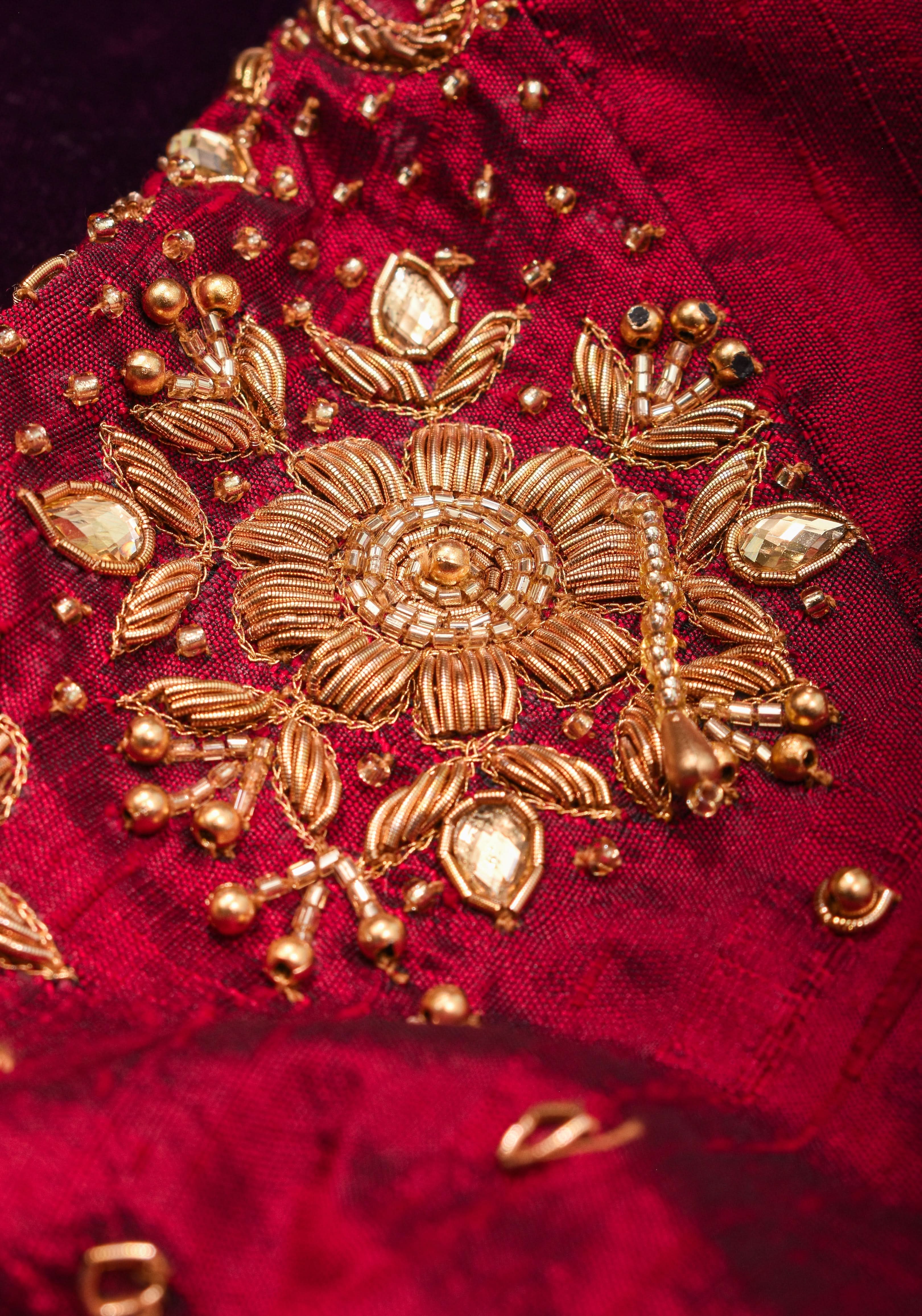 Maroon Pure raw silk blouse with full sleeves and Heavy Zardozi work on upper sleeve and back, Made to Order | Shobitam