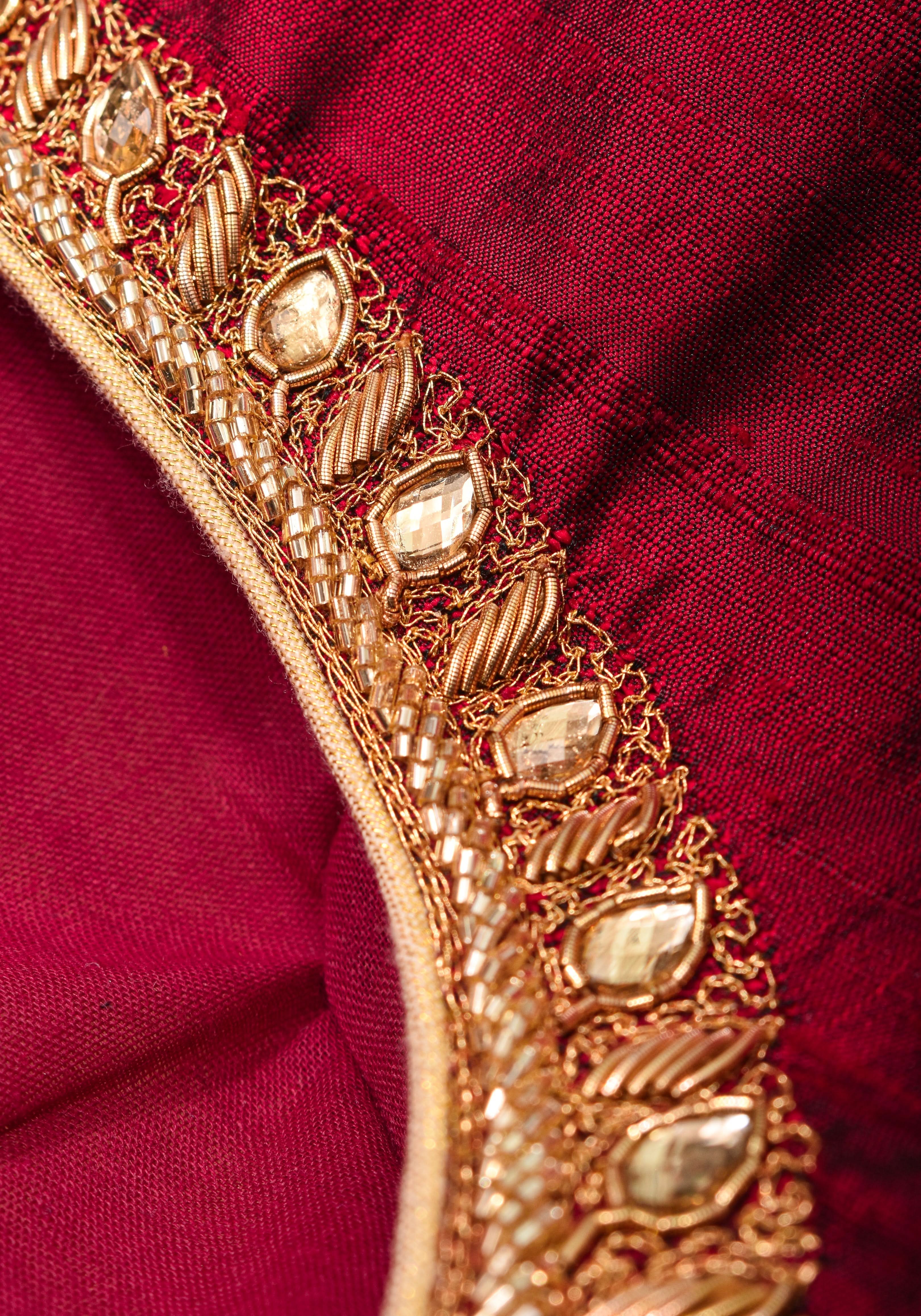 Maroon Pure raw silk blouse with full sleeves and Heavy Zardozi work on upper sleeve and back, Made to Order | Shobitam