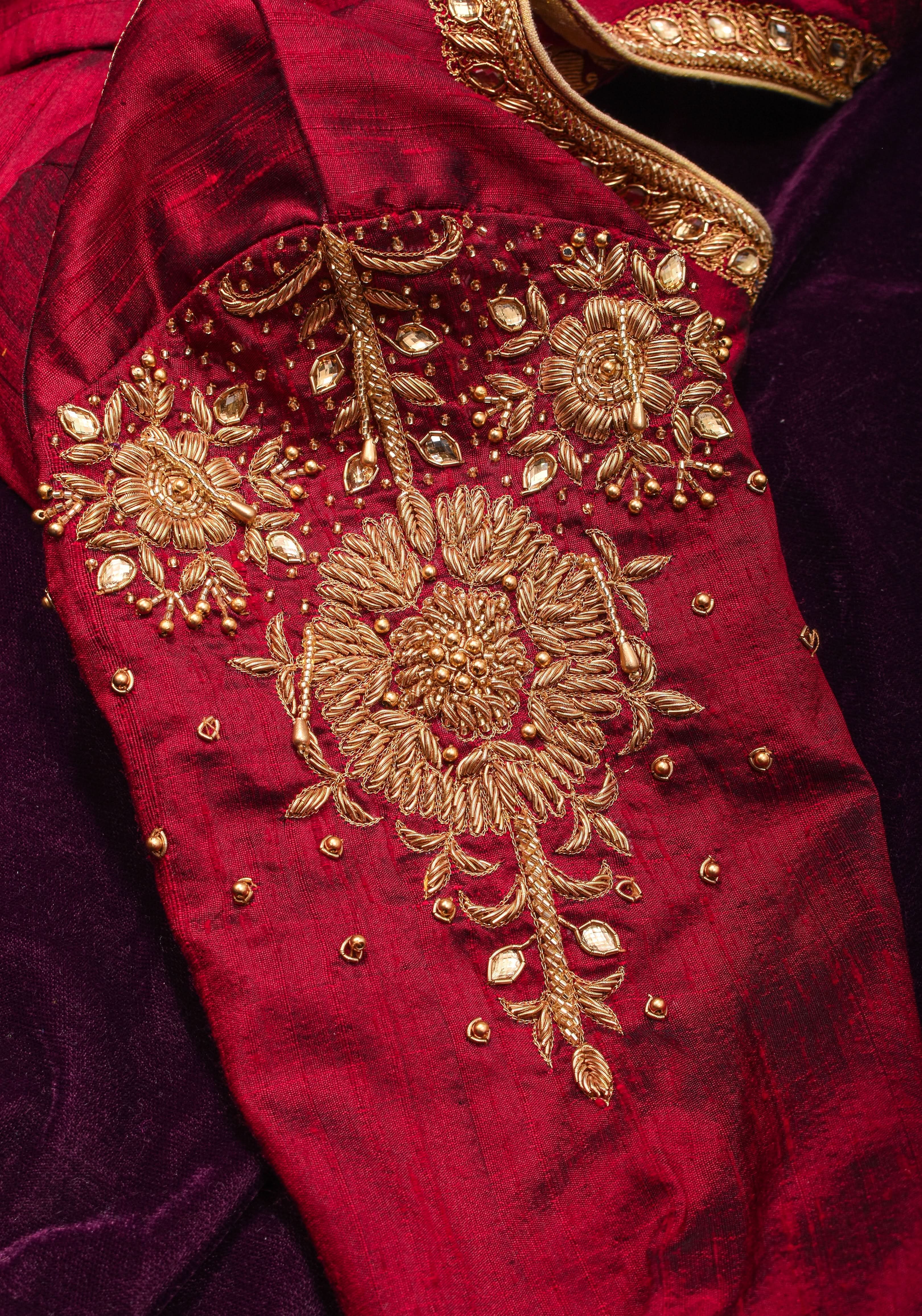 Maroon Pure raw silk blouse with full sleeves and Heavy Zardozi work on upper sleeve and back, Made to Order | Shobitam