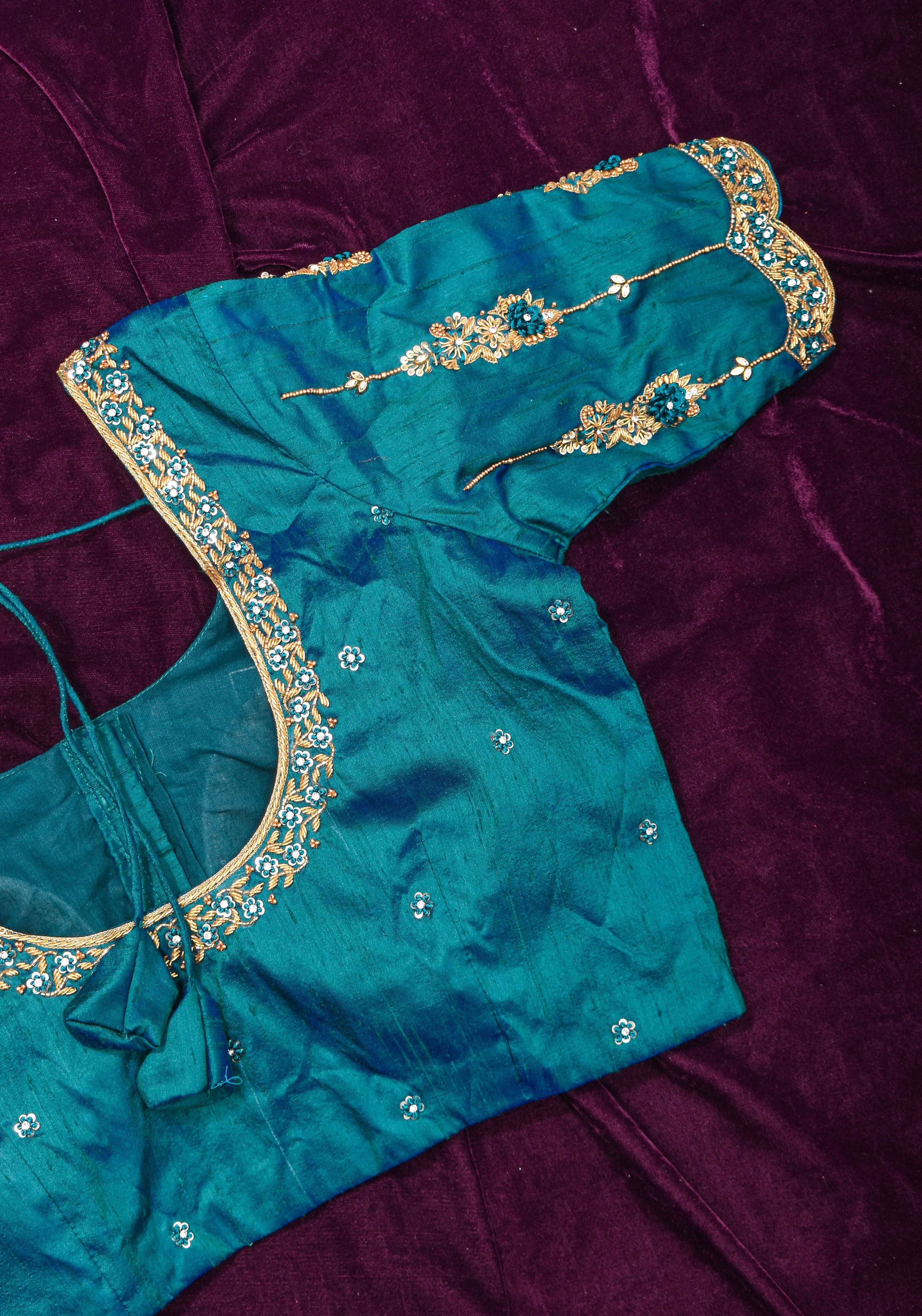 Made to Order: Peacock Blue Pure Raw Silk Blouse with Zardozi and Bead detailing | Shobitam