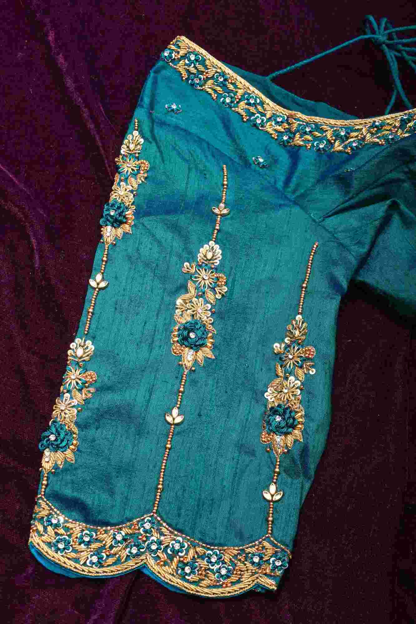 Made to Order: Peacock Blue Pure Raw Silk Blouse with Zardozi and Bead detailing