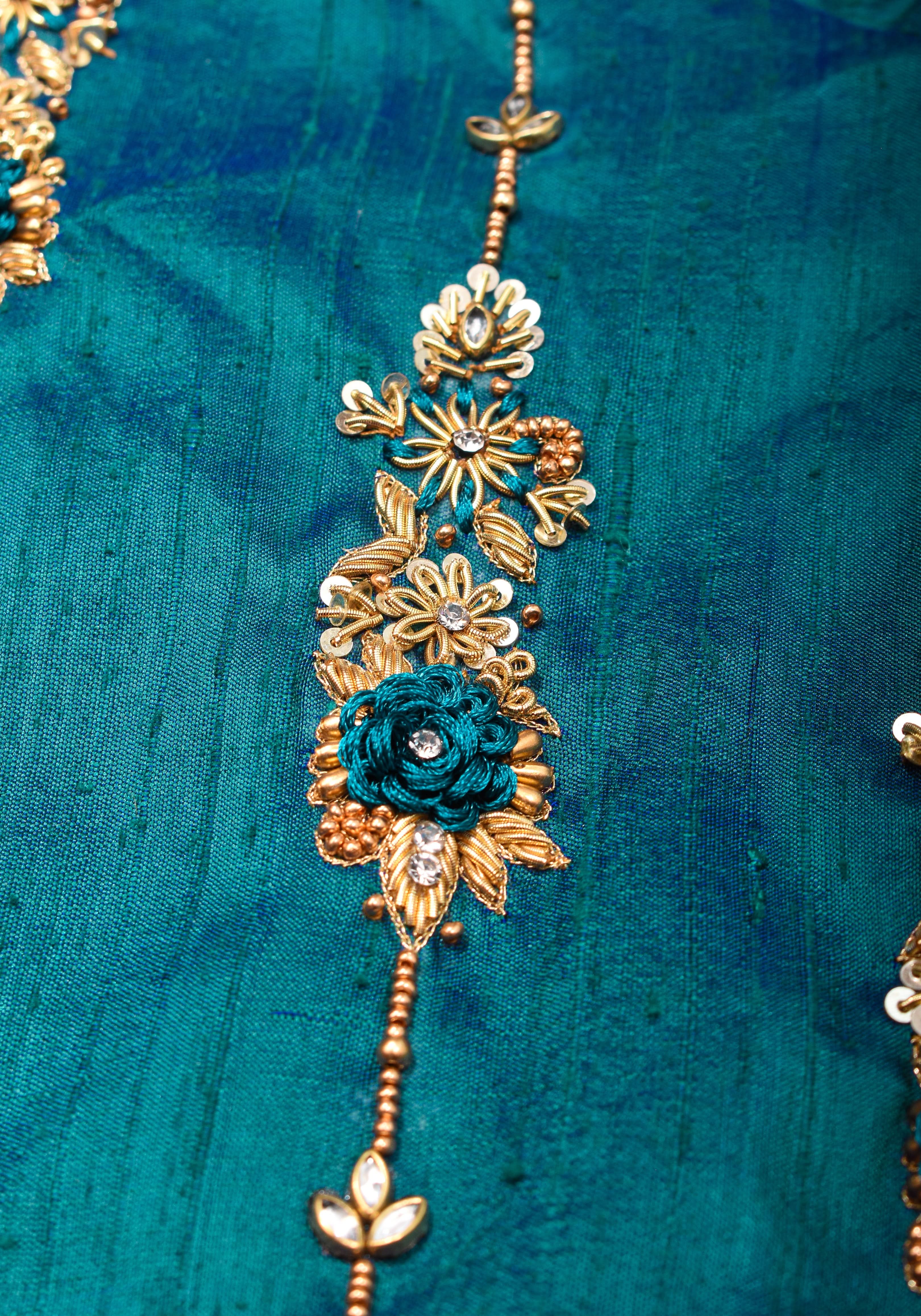 Made to Order: Peacock Blue Pure Raw Silk Blouse with Zardozi and Bead detailing | Shobitam