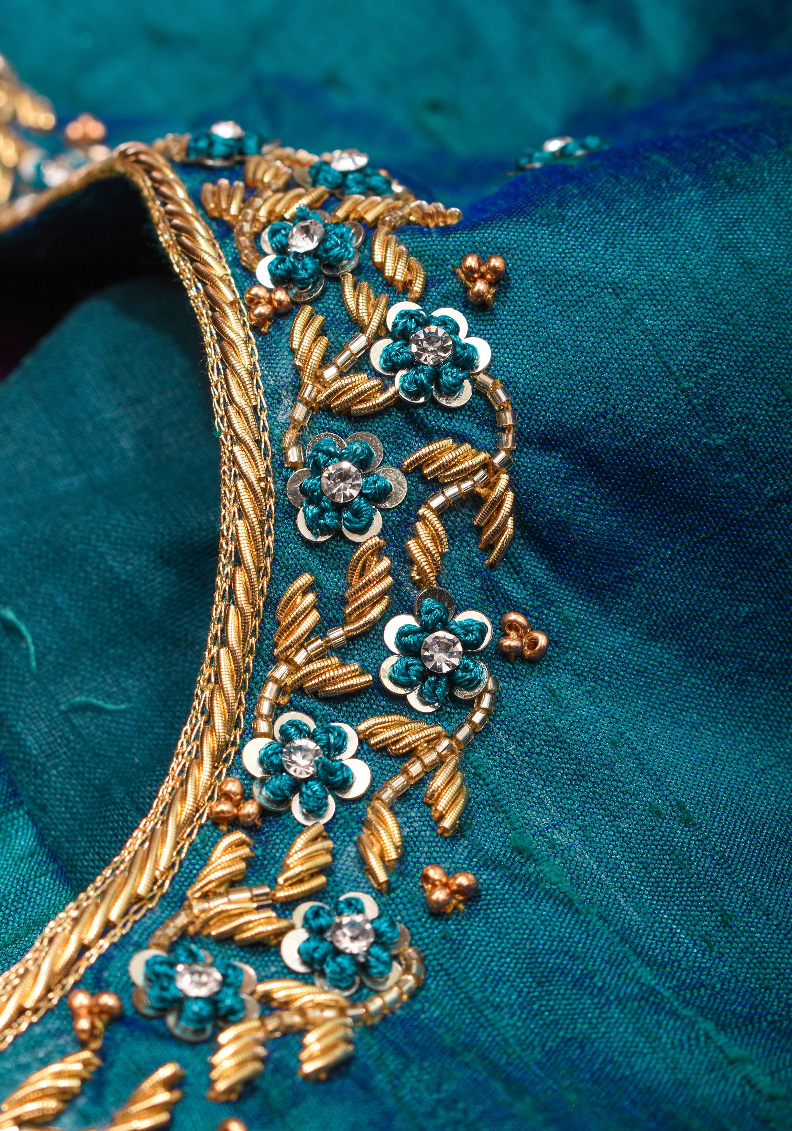 Made to Order: Peacock Blue Pure Raw Silk Blouse with Zardozi and Bead detailing | Shobitam