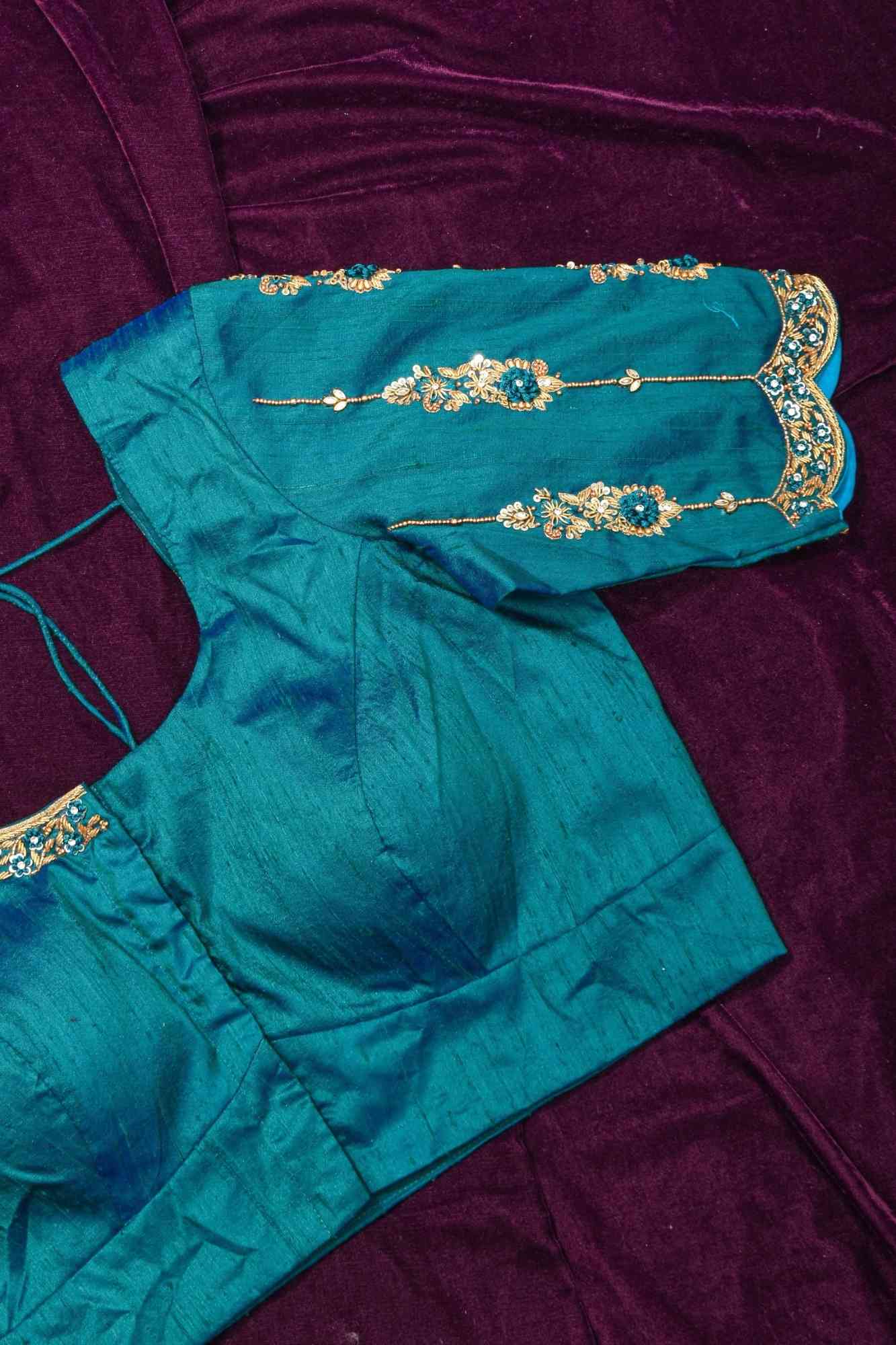 Made to Order: Peacock Blue Pure Raw Silk Blouse with Zardozi and Bead detailing