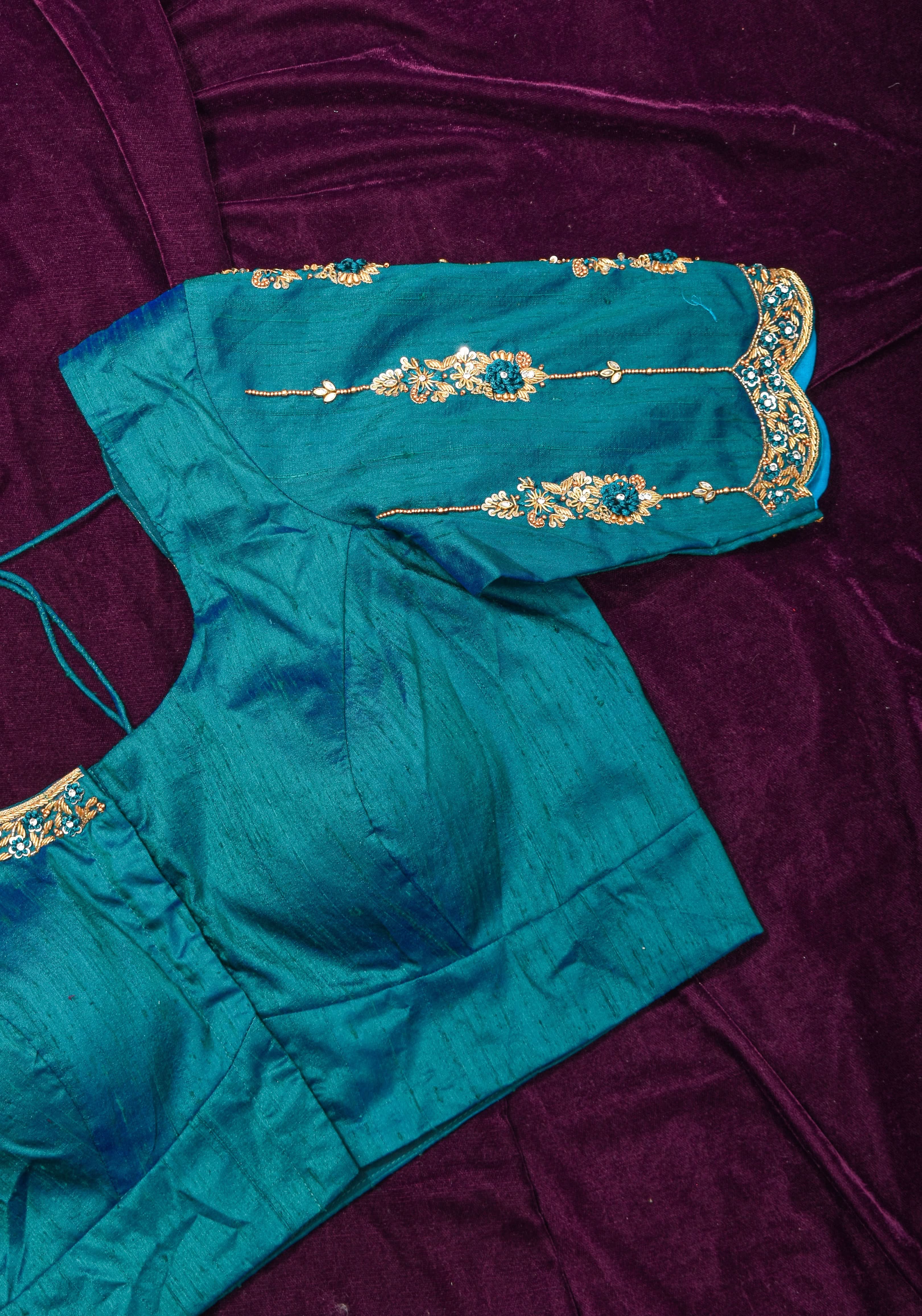 Made to Order: Peacock Blue Pure Raw Silk Blouse with Zardozi and Bead detailing | Shobitam