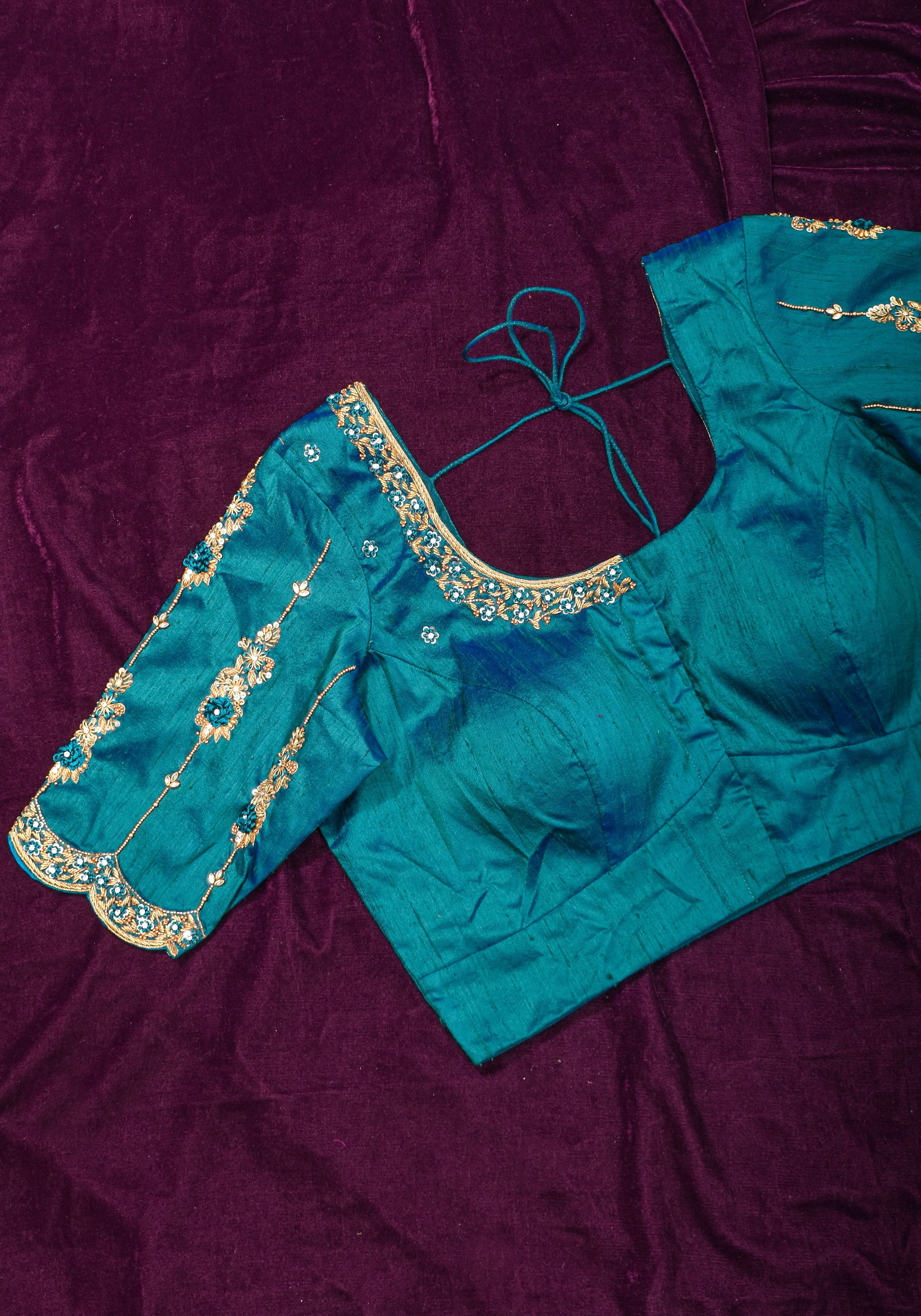 Made to Order: Peacock Blue Pure Raw Silk Blouse with Zardozi and Bead detailing | Shobitam
