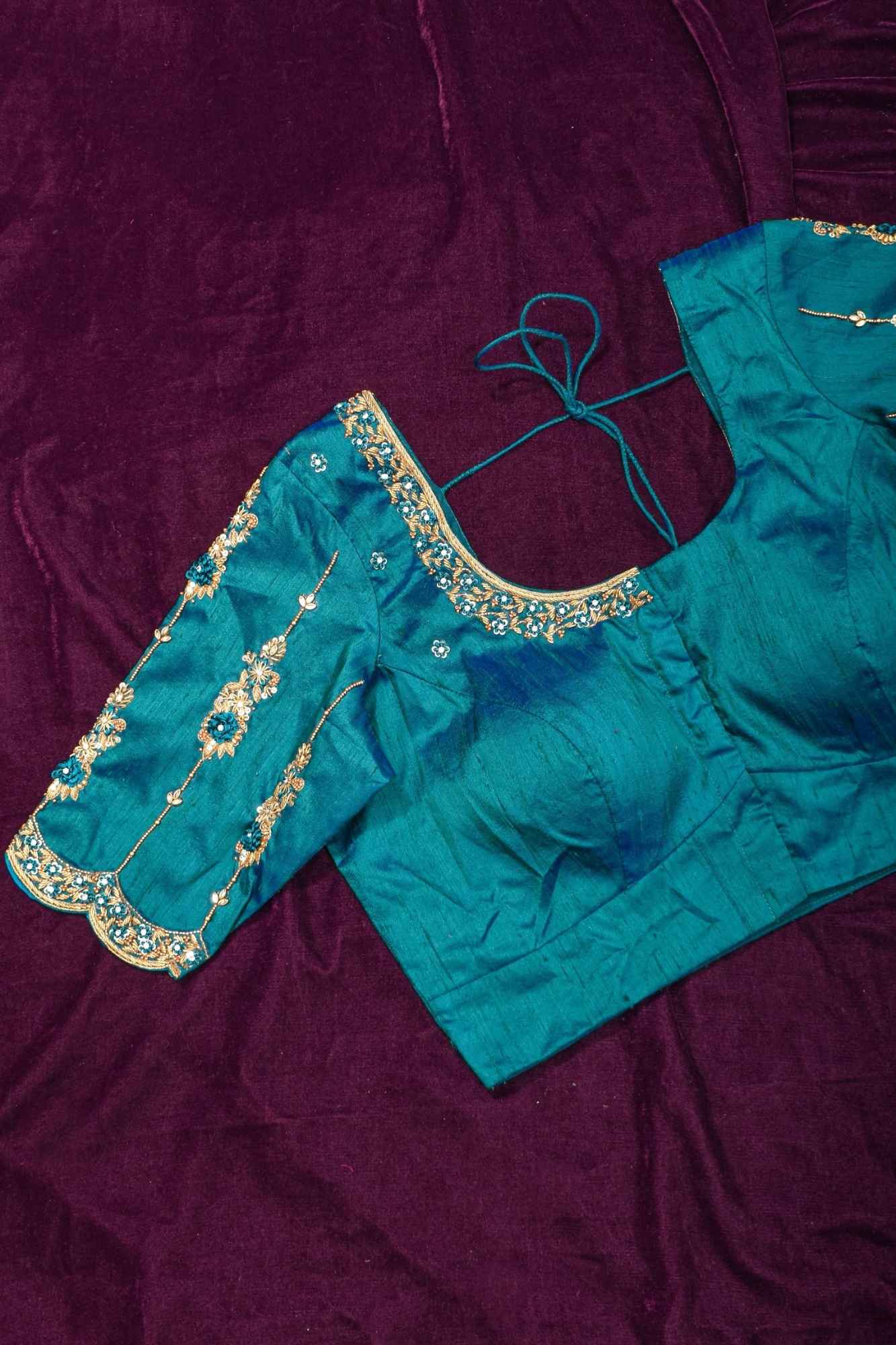 Made to Order: Peacock Blue Pure Raw Silk Blouse with Zardozi and Bead detailing