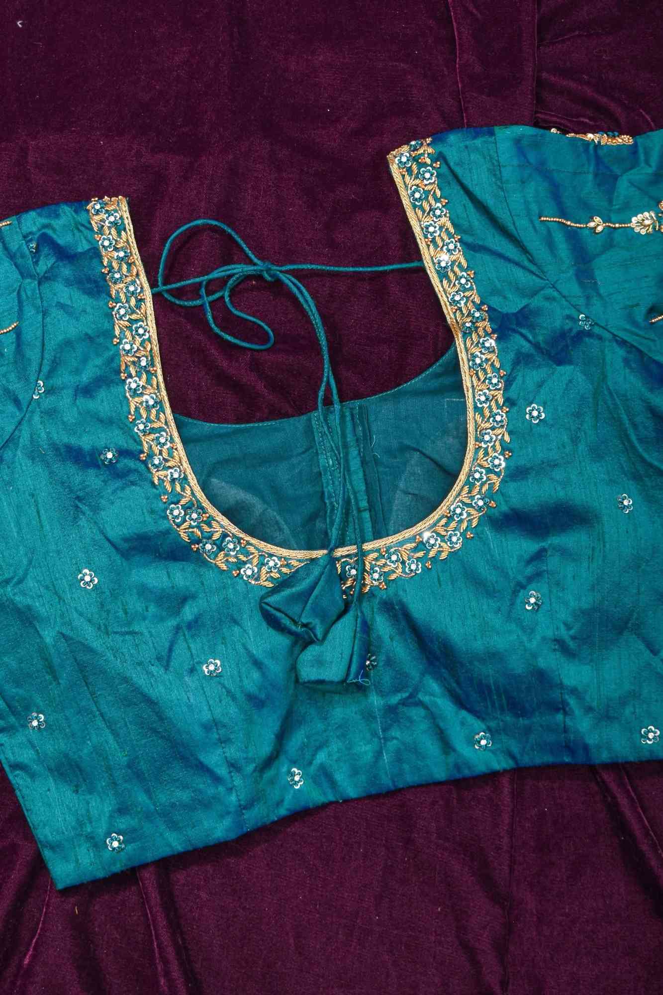 Made to Order: Peacock Blue Pure Raw Silk Blouse with Zardozi and Bead detailing