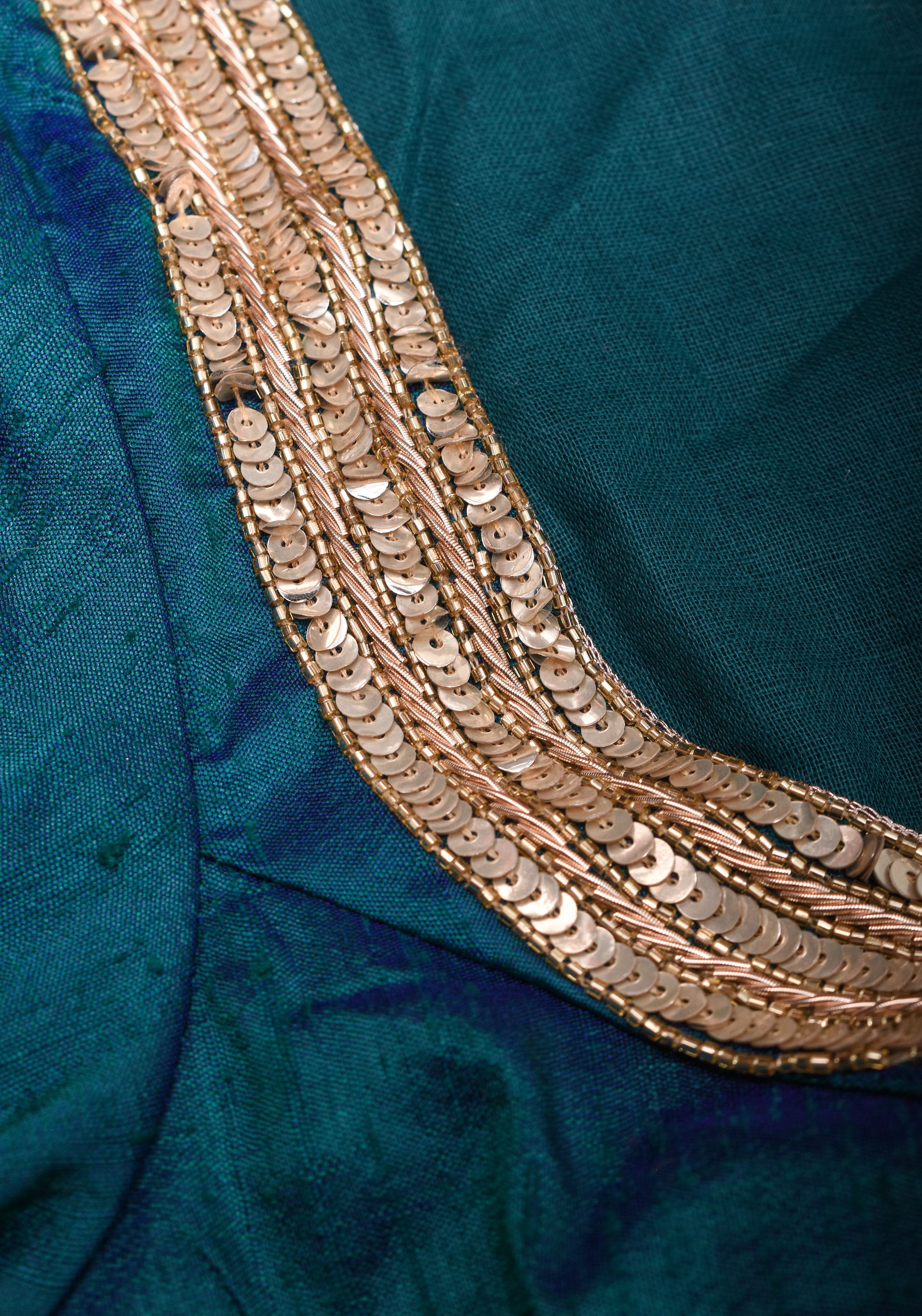 Peacock Blue Pure Raw Silk Blouse with Cutwork detailing, hand zardosi work, Made to Order | Shobitam