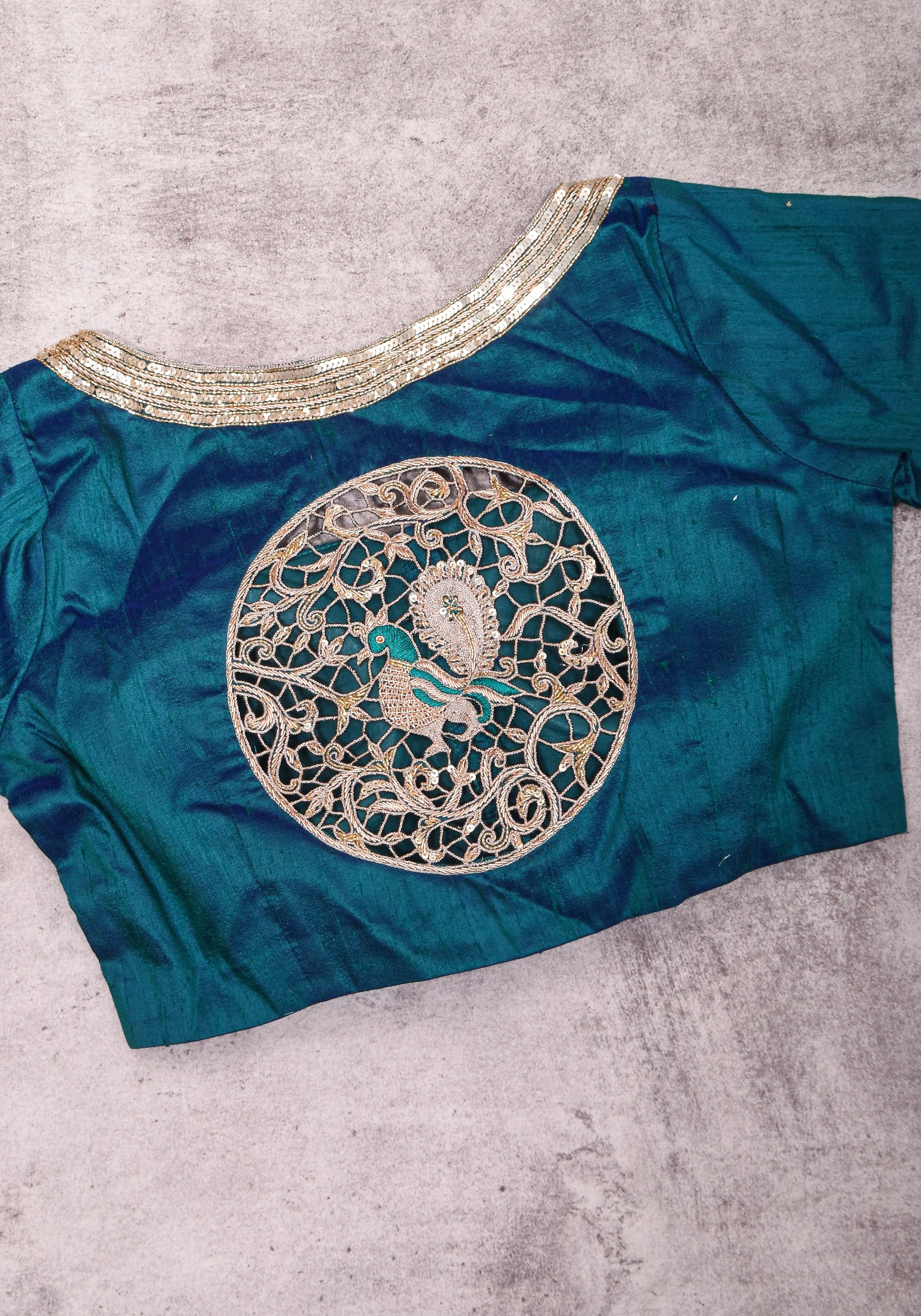 Peacock Blue Pure Raw Silk Blouse with Cutwork detailing, hand zardosi work, Made to Order | Shobitam