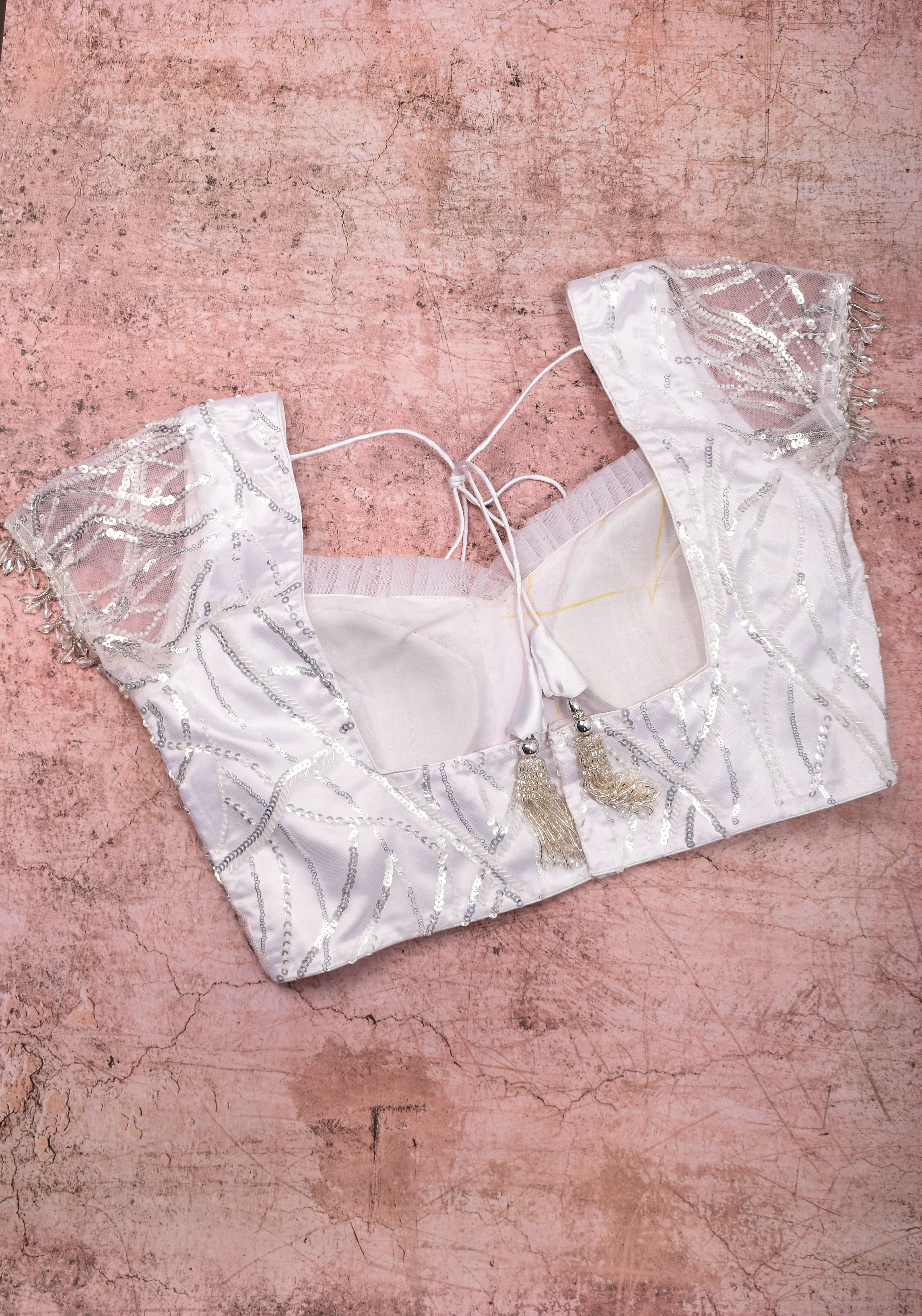 White sequin blouse with pleated net detailing, Mix and match blouse for saree, Made to Order | Shobitam