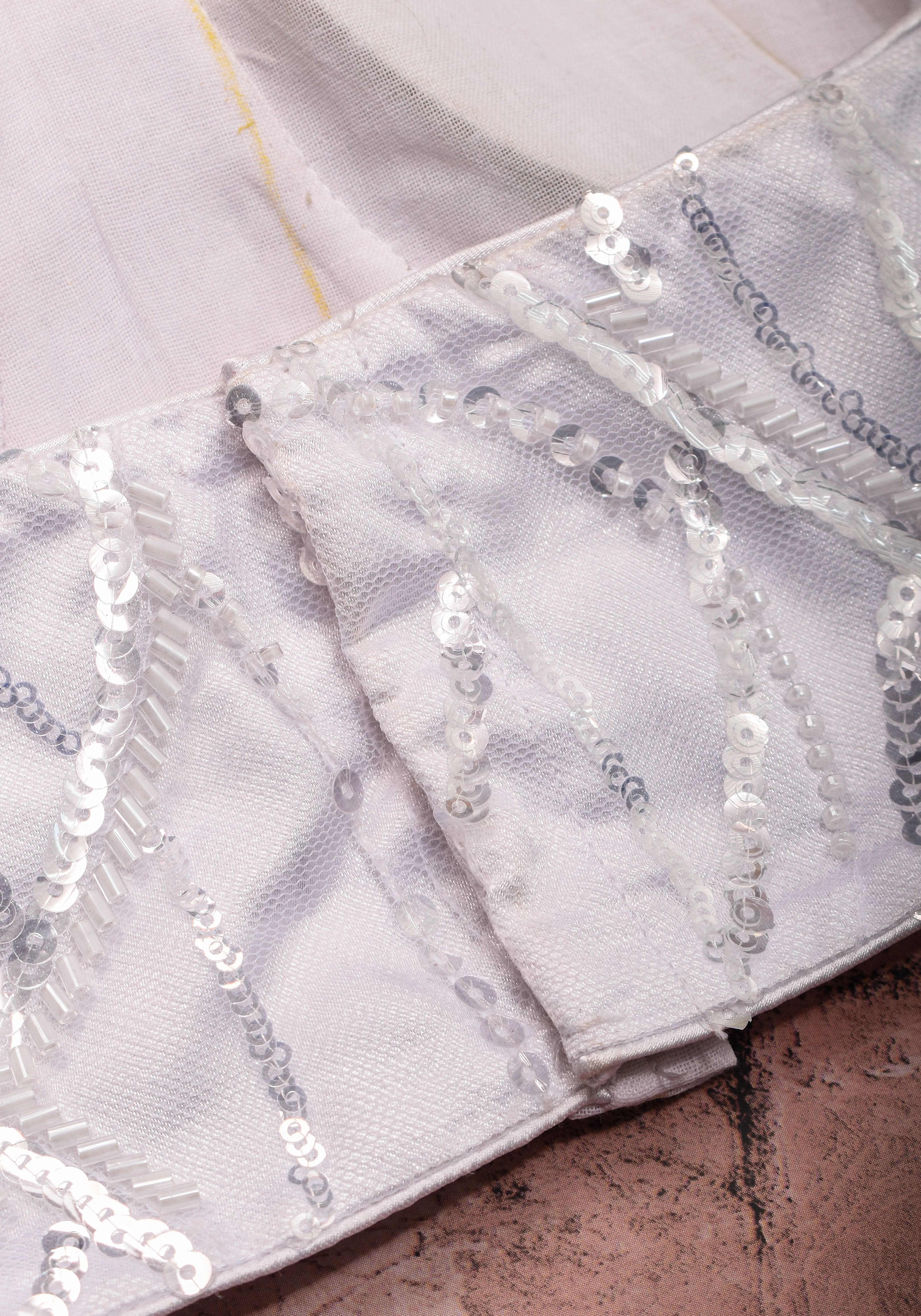 White sequin blouse with pleated net detailing, Mix and match blouse for saree, Made to Order | Shobitam