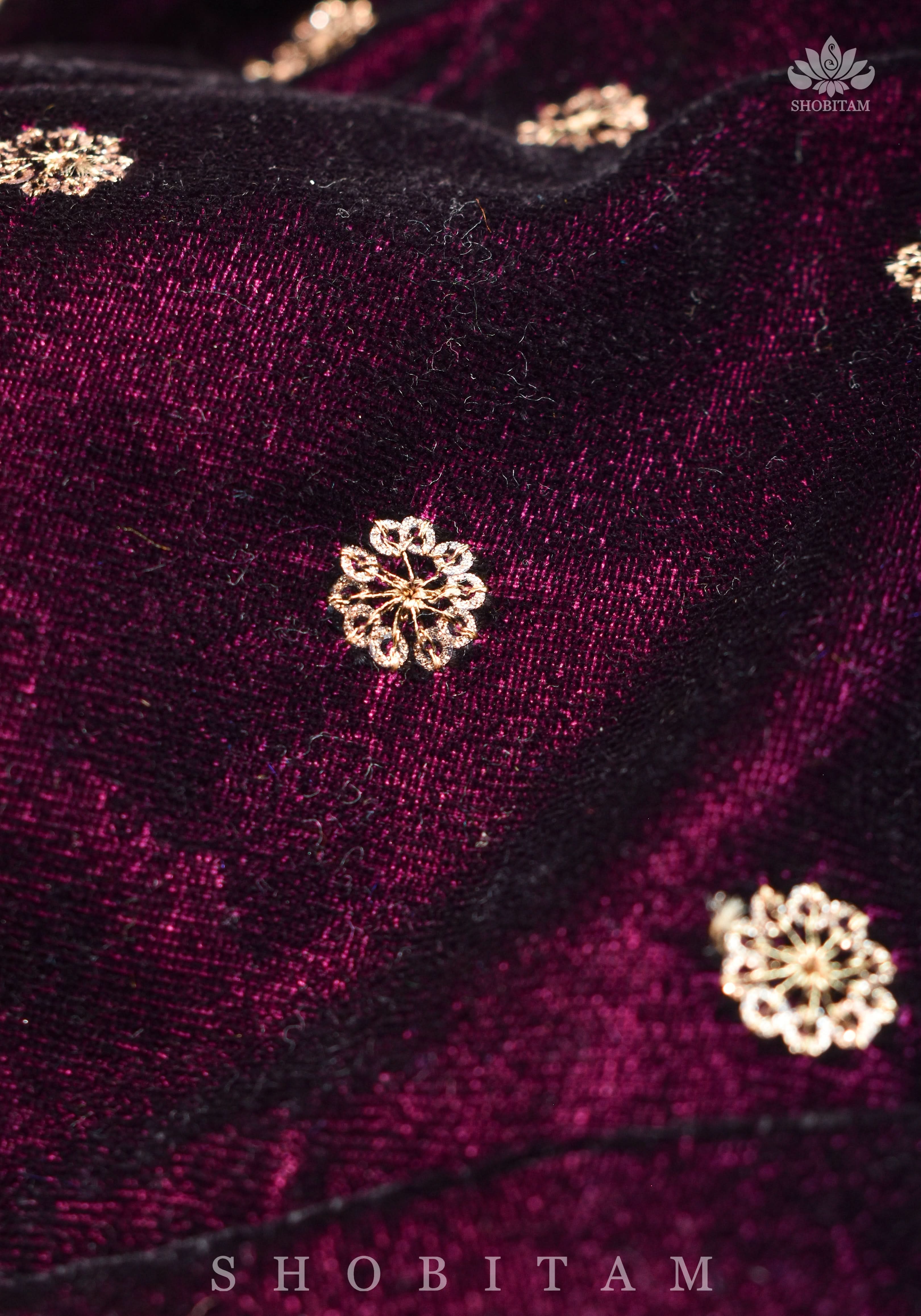 Burgundy velvet blouse with two size buttas, gotta detailing and cut dana latkans | Shobitam
