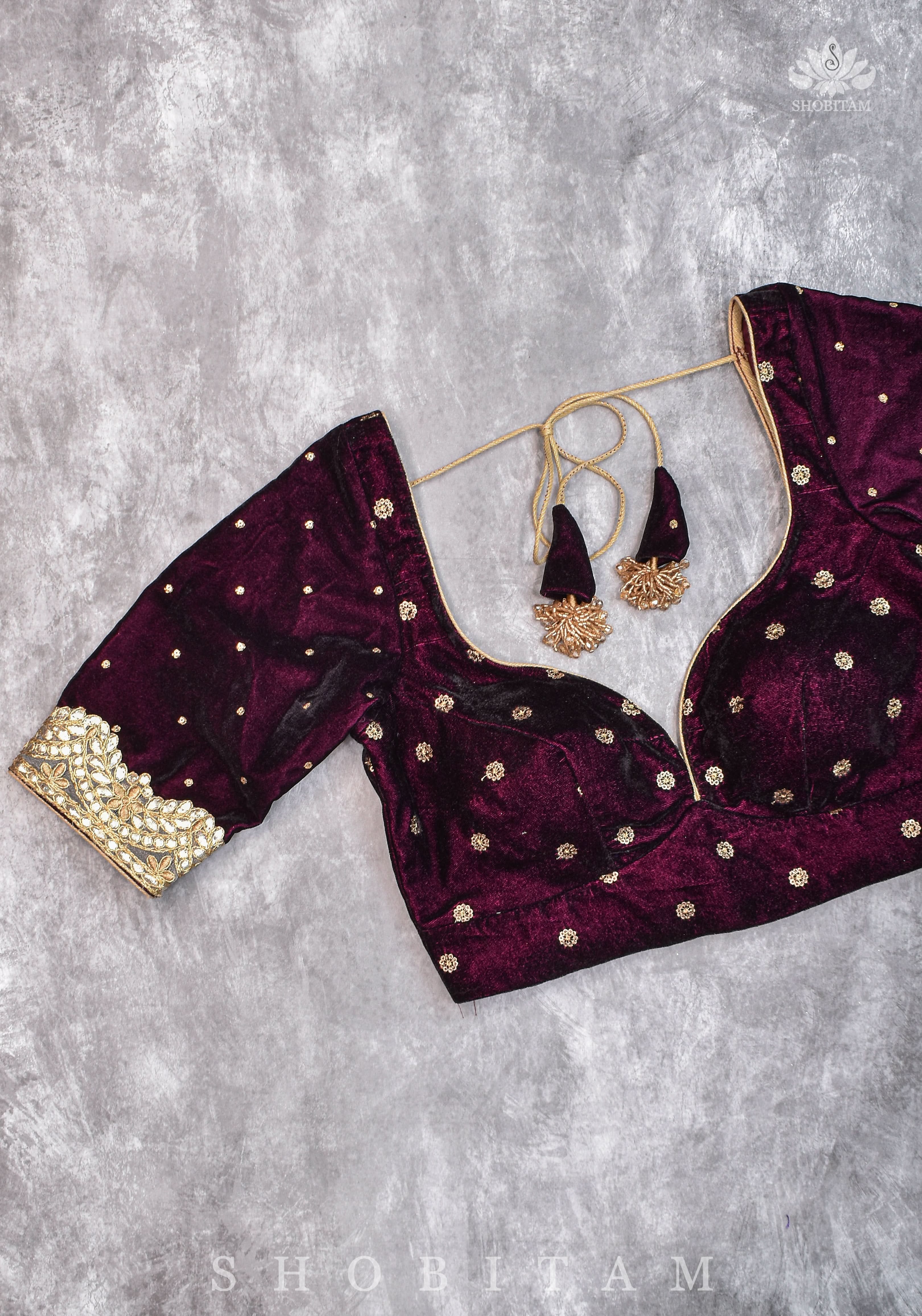 Burgundy velvet blouse with two size buttas, gotta detailing and cut dana latkans | Shobitam