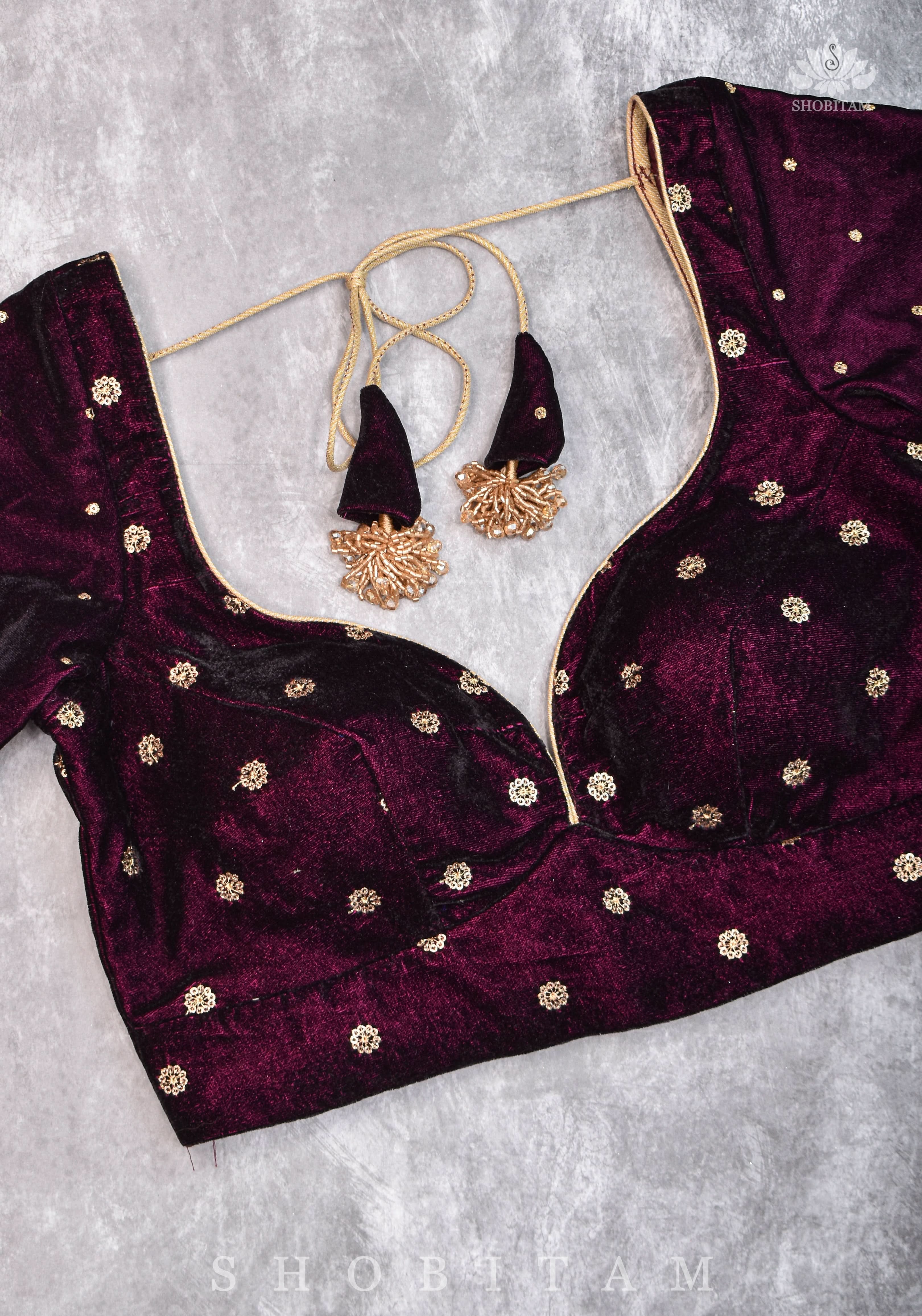 Burgundy velvet blouse with two size buttas, gotta detailing and cut dana latkans | Shobitam