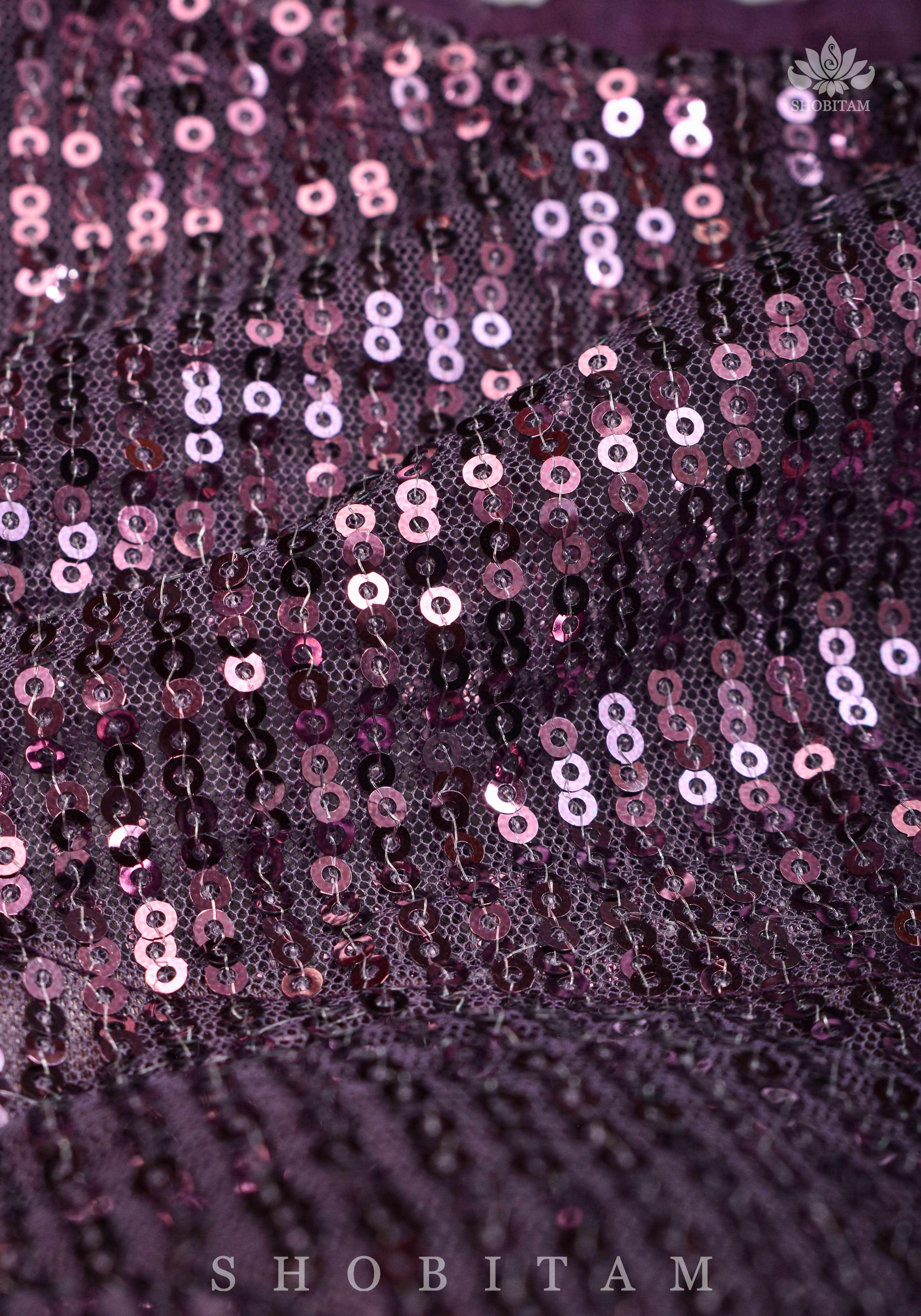 Stylish Amethyst Gathered Neck Blouse with self tone sequins and sheer yoke | Shobitam
