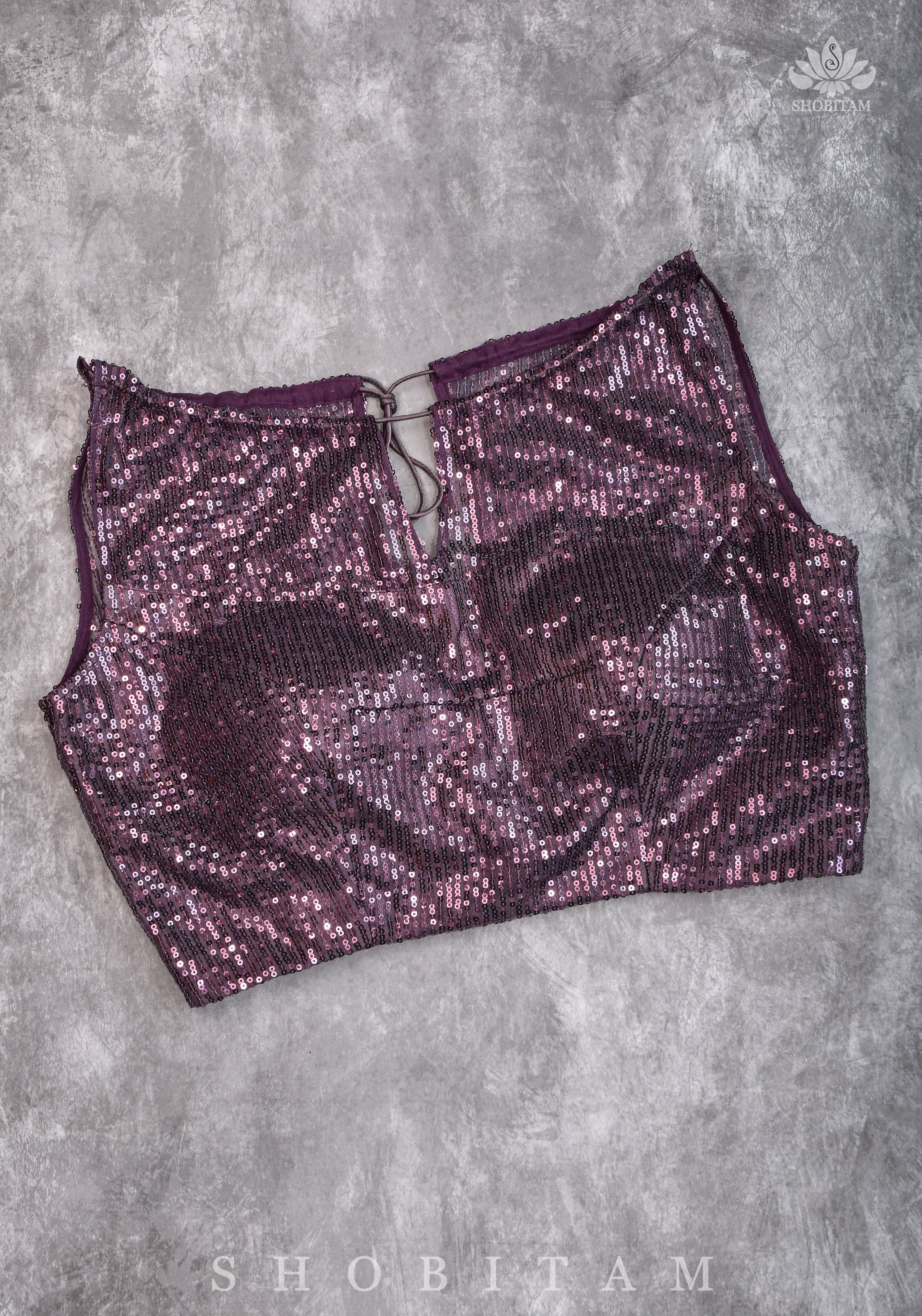Stylish Amethyst Gathered Neck Blouse with self tone sequins and sheer yoke | Shobitam