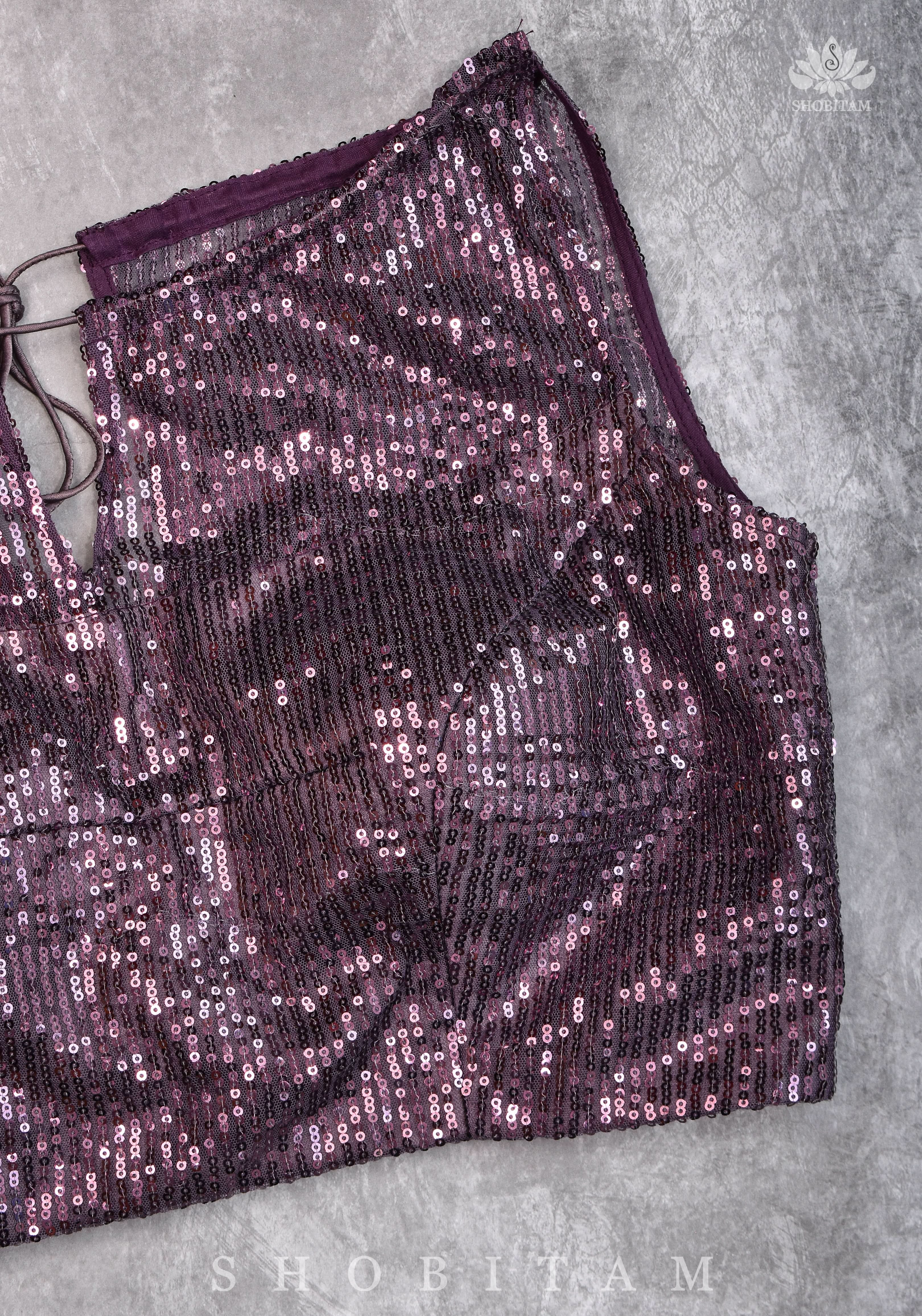 Stylish Amethyst Gathered Neck Blouse with self tone sequins and sheer yoke | Shobitam