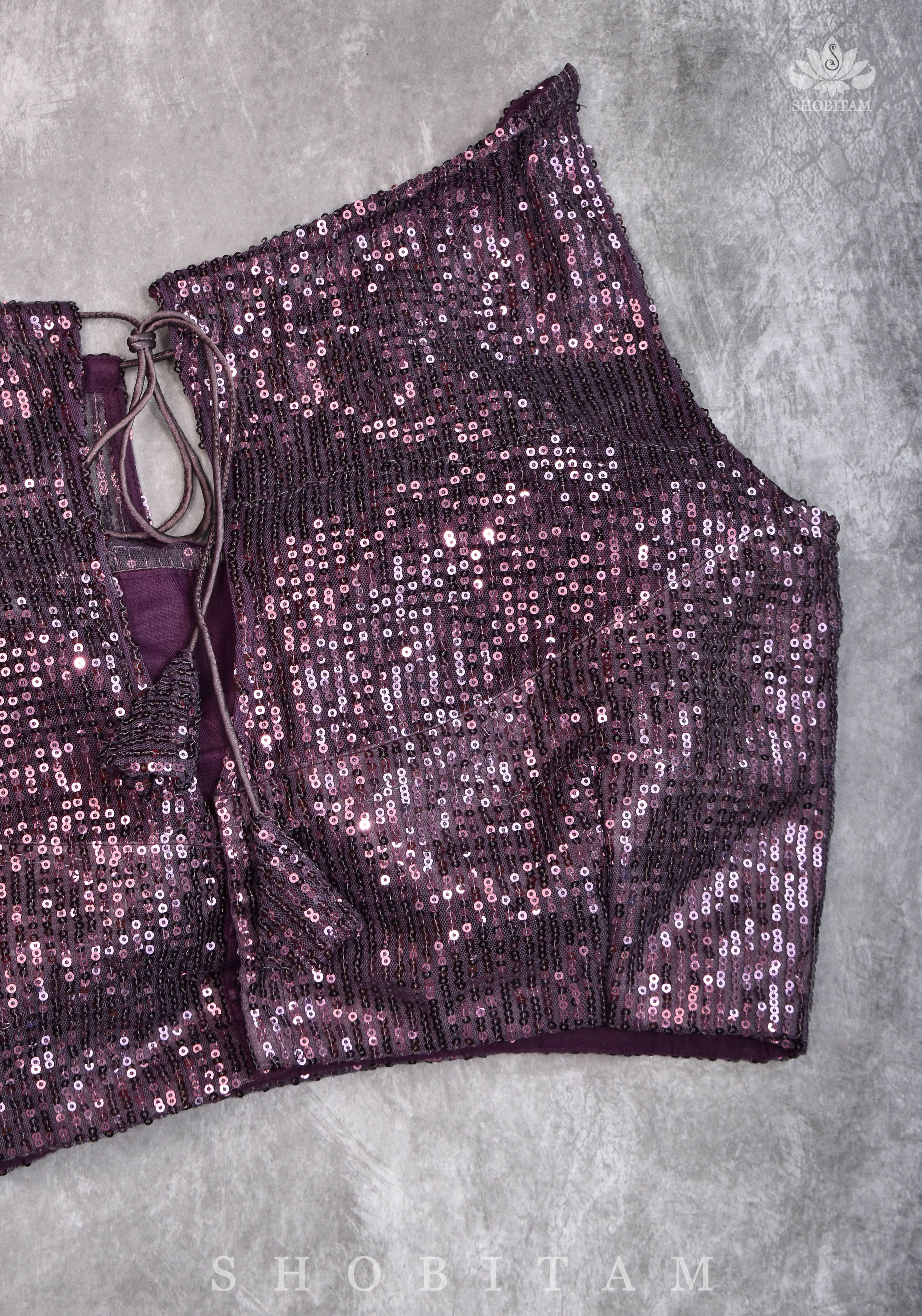 Stylish Amethyst Gathered Neck Blouse with self tone sequins and sheer yoke | Shobitam