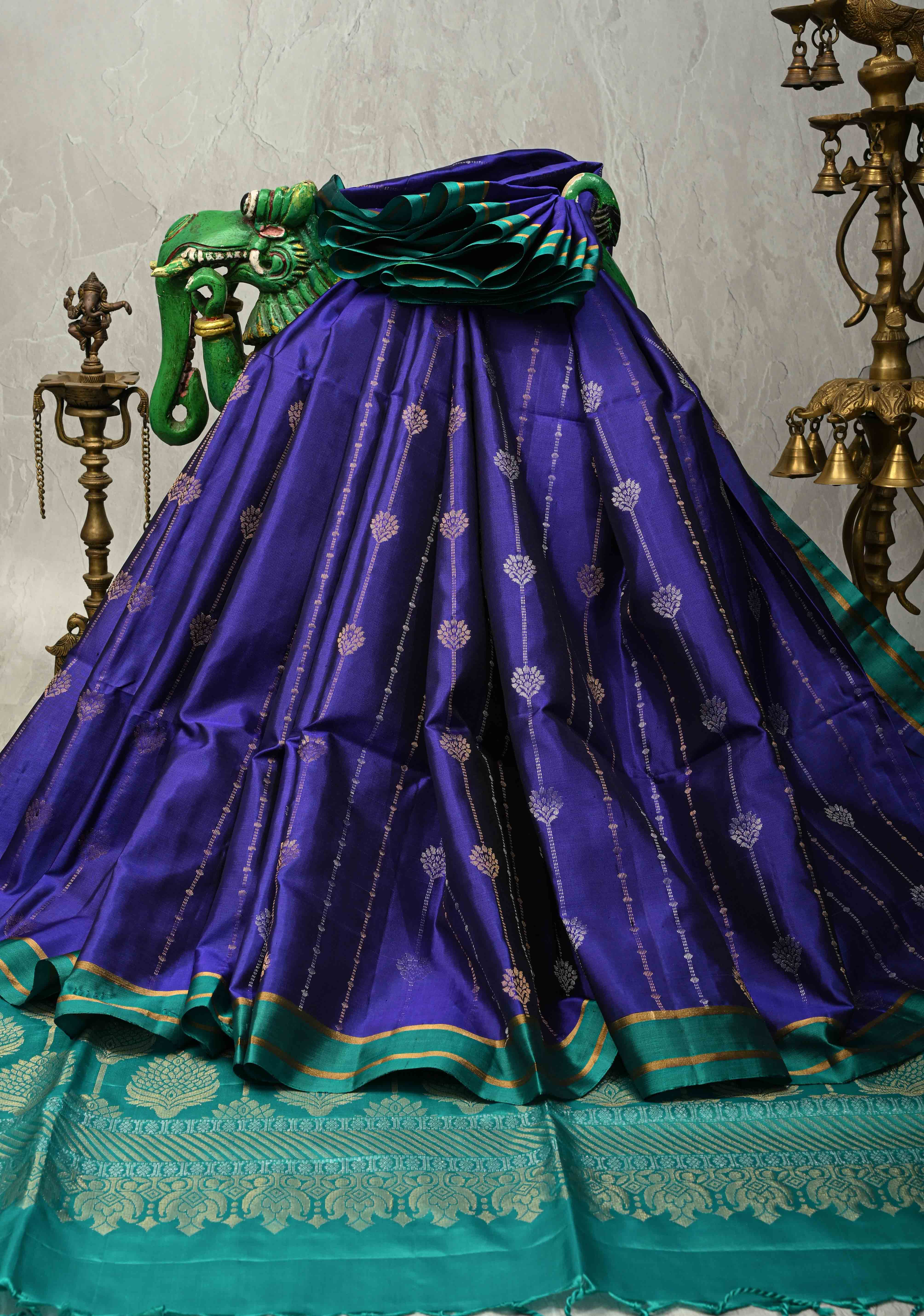 Deep Ink Blue Dual Tone Pure Kanjivaram Soft Silk Saree with Gold-Silver Zari Stripes and Contrast Rama Green Minimal Zari Border | SILK MARK CERTIFIED | Shobitam