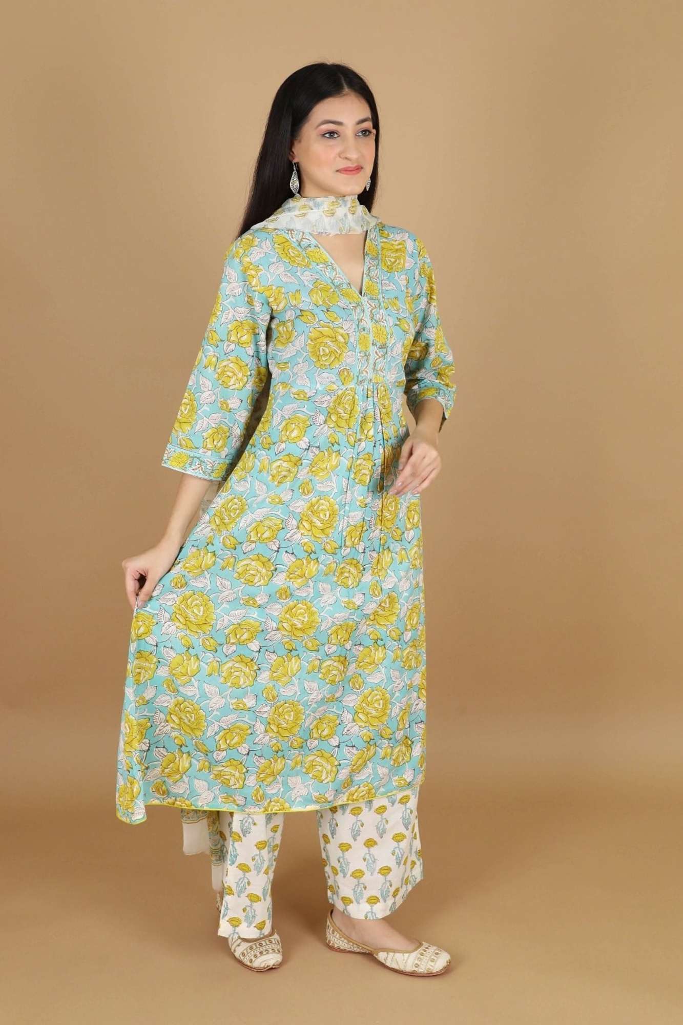 Firozi Rose Love 3 PIece Salwar Kameez Suit in Cotton with chiffon dupatta in Aqua