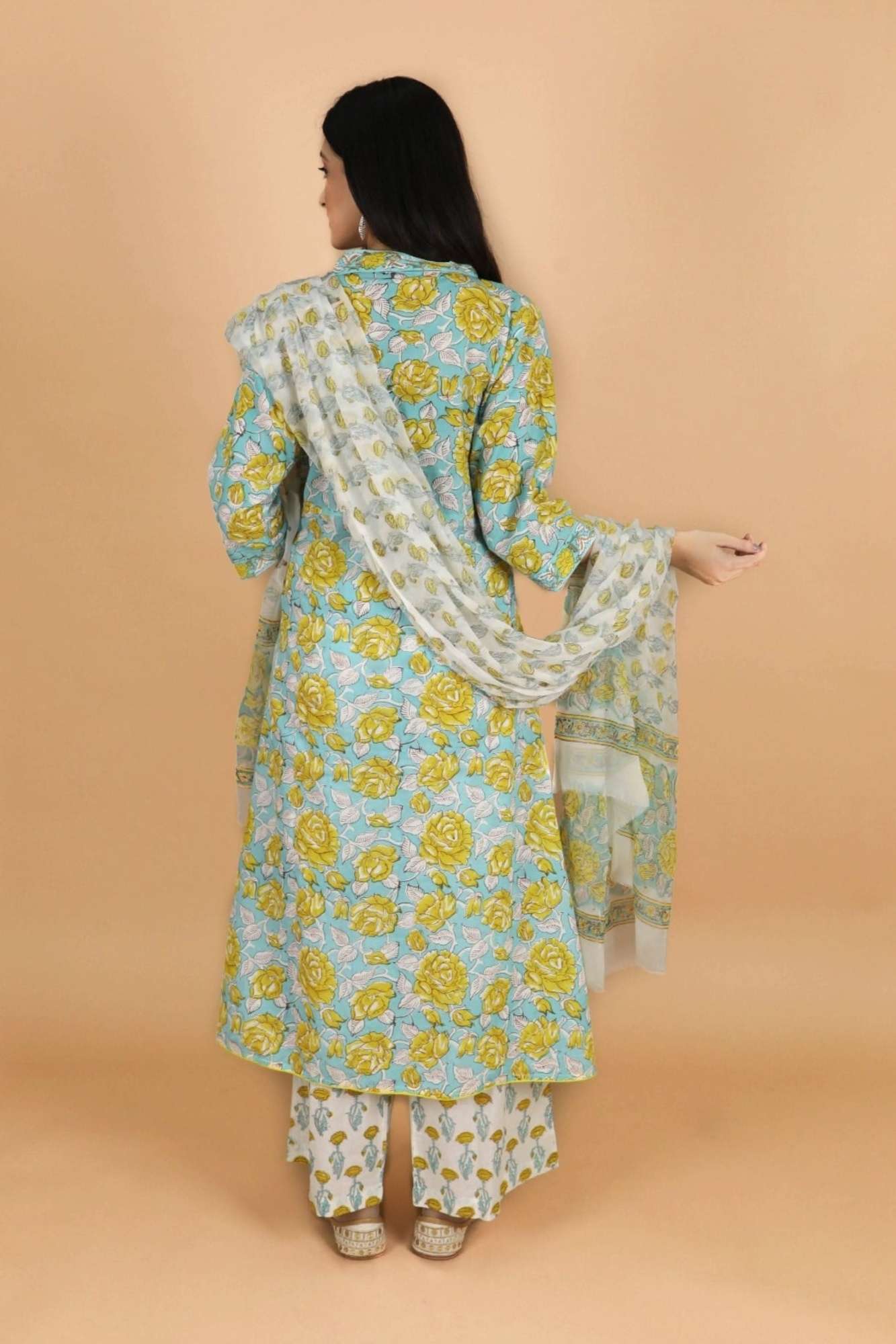 Firozi Rose Love 3 PIece Salwar Kameez Suit in Cotton with chiffon dupatta in Aqua